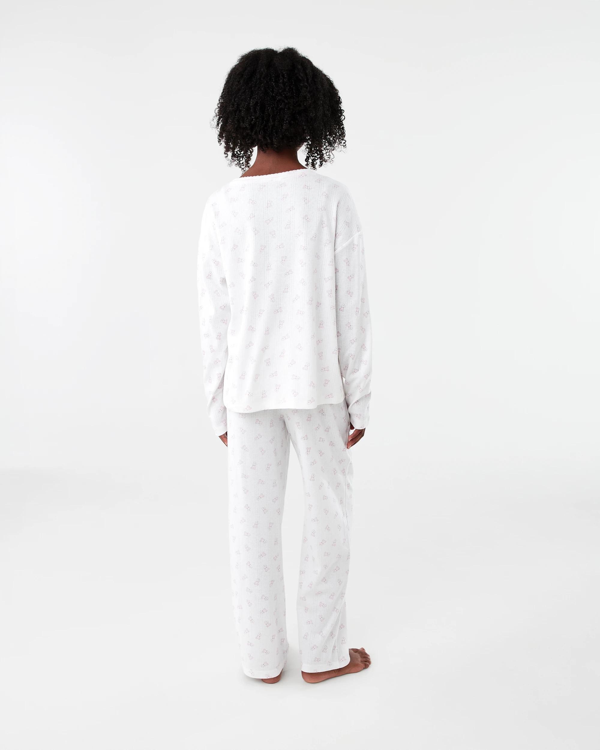 2 Pointelle Long Sleeve Pyjama Set Wht Buny, 2 of 7