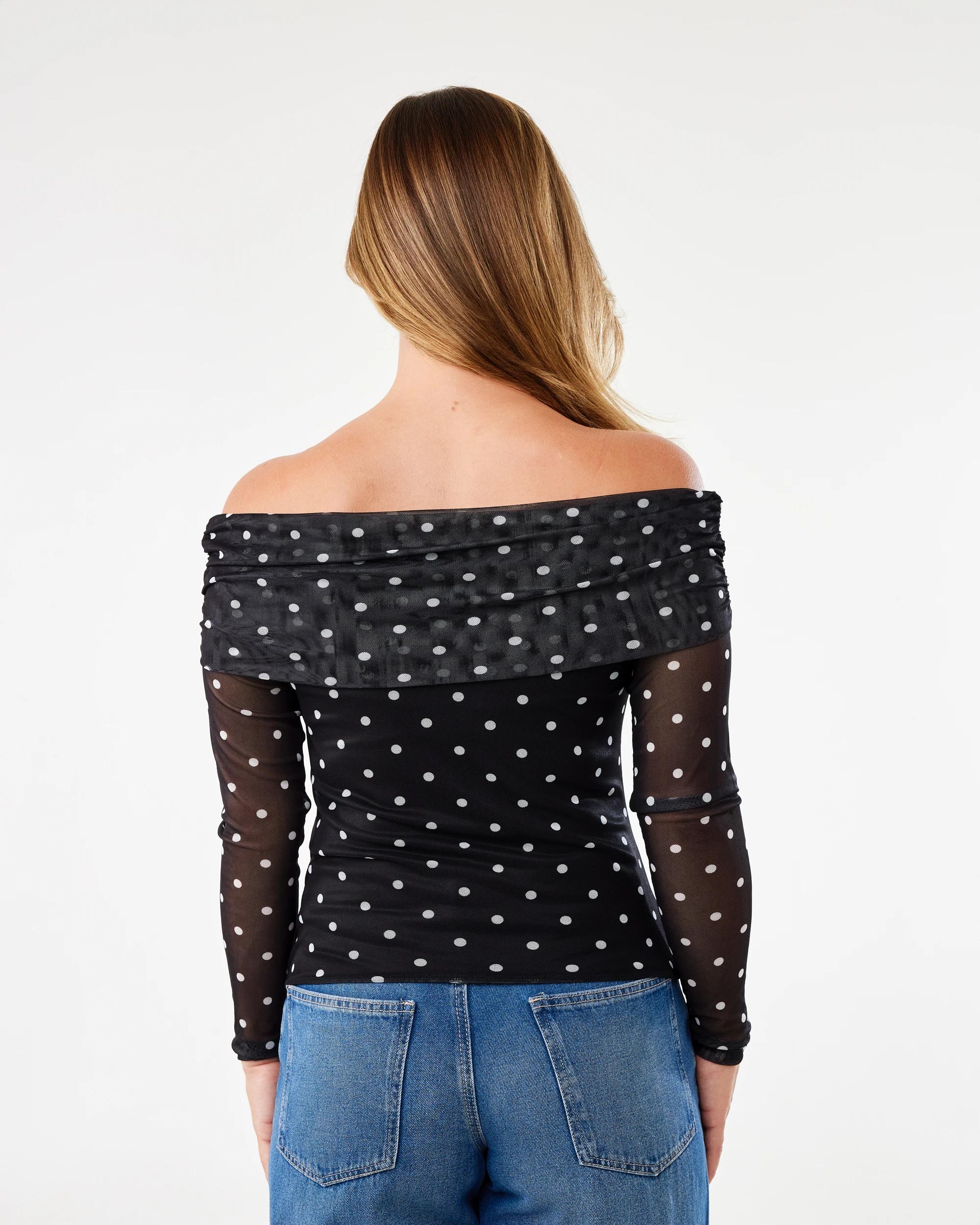 3 Long Sleeve Mesh Off Shoulder Top Plkadt Blk, 3 of 7