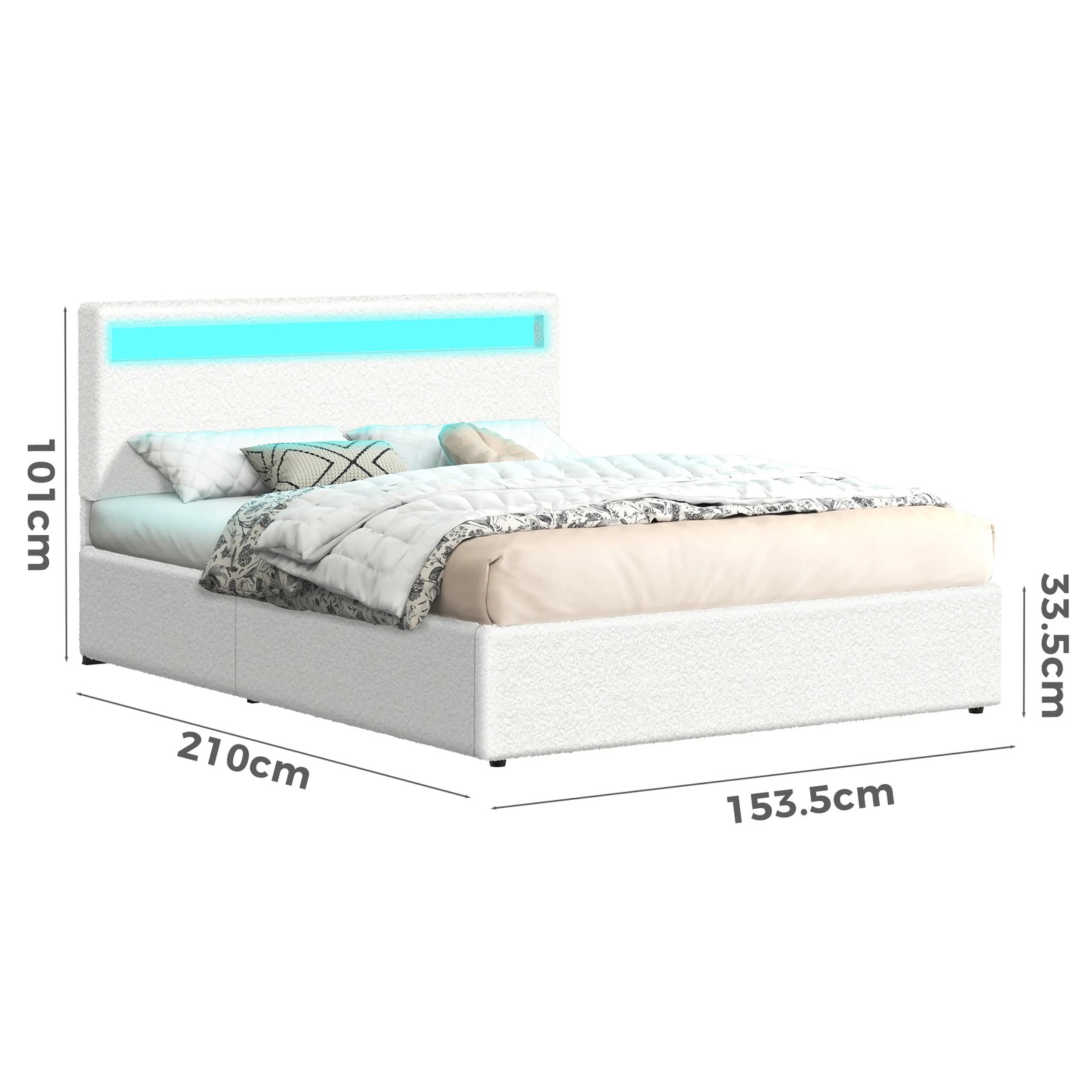 9 Alfordson Bed Frame Queen Size RGB LED Gas Lift Storage Base Boucle Luchino - White, 9 of 10