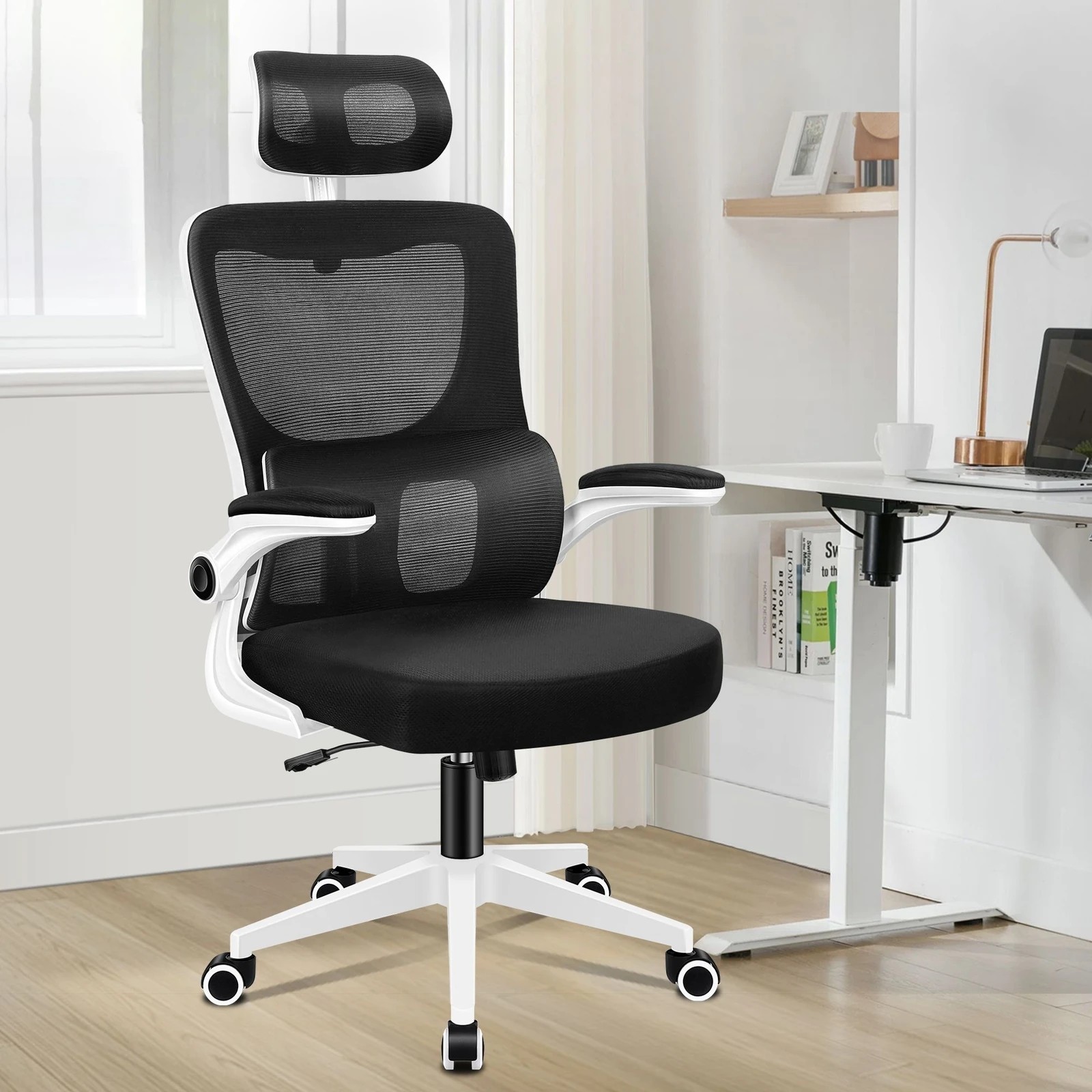 2 Alfordson Mesh Office Chair Gaming Executive Computer Tilt Fabric Seat Work - White Black, 2 of 9