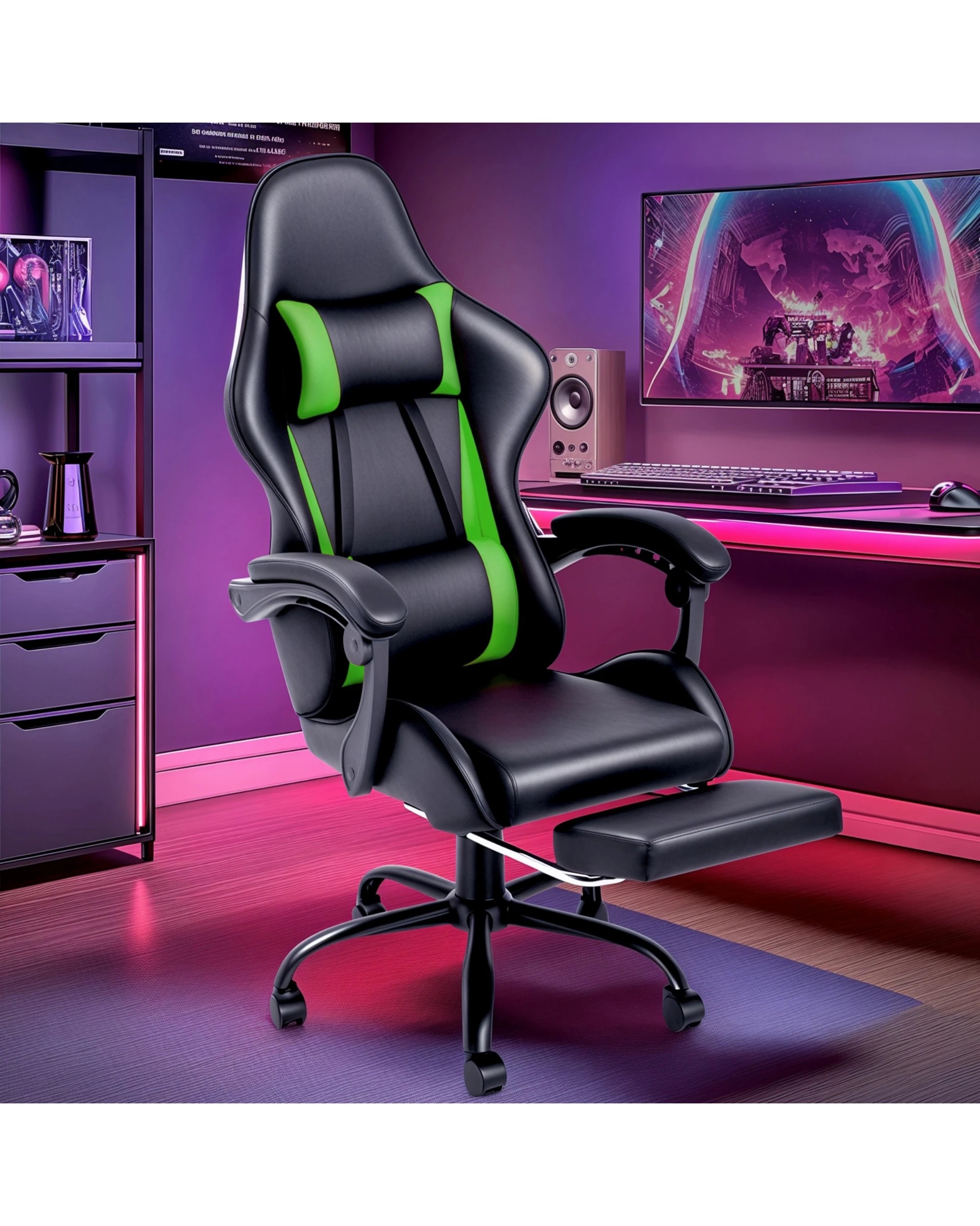 2 Advwin Gaming Chair with Lumbar Cushion - Green, 2 of 8