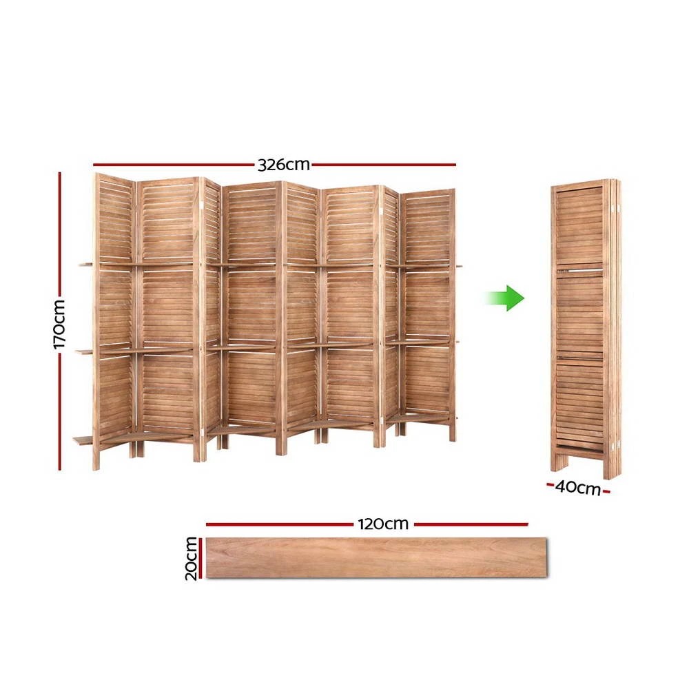 2 Artiss 8 Panel Room Divider Screen 326x170cm Shelf - Brown, 2 of 8