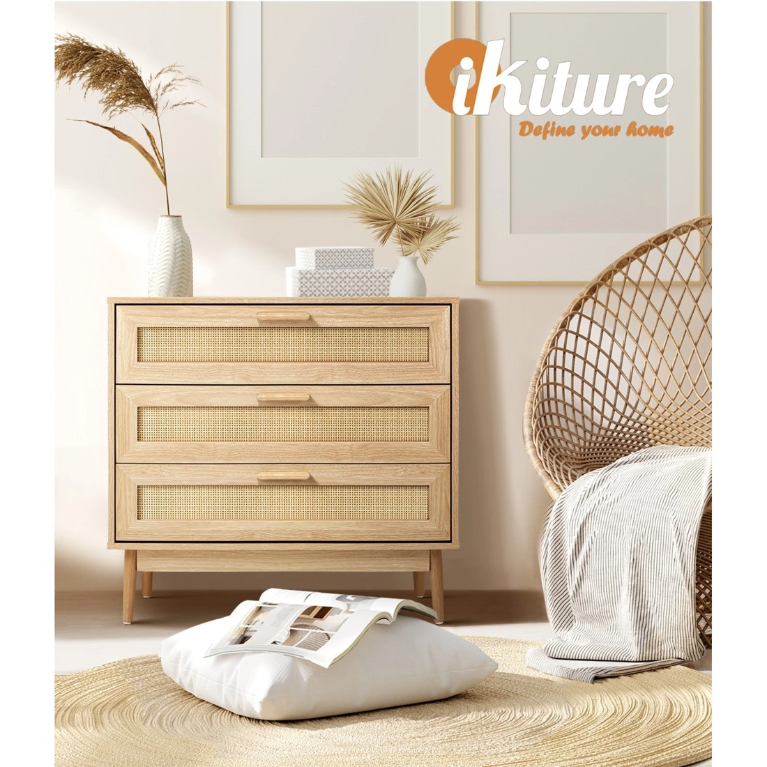 6 Oikiture 3 Chest Of Drawers Storage Cabinet Dresser Rattan Lowboy
 - Natural, 6 of 10