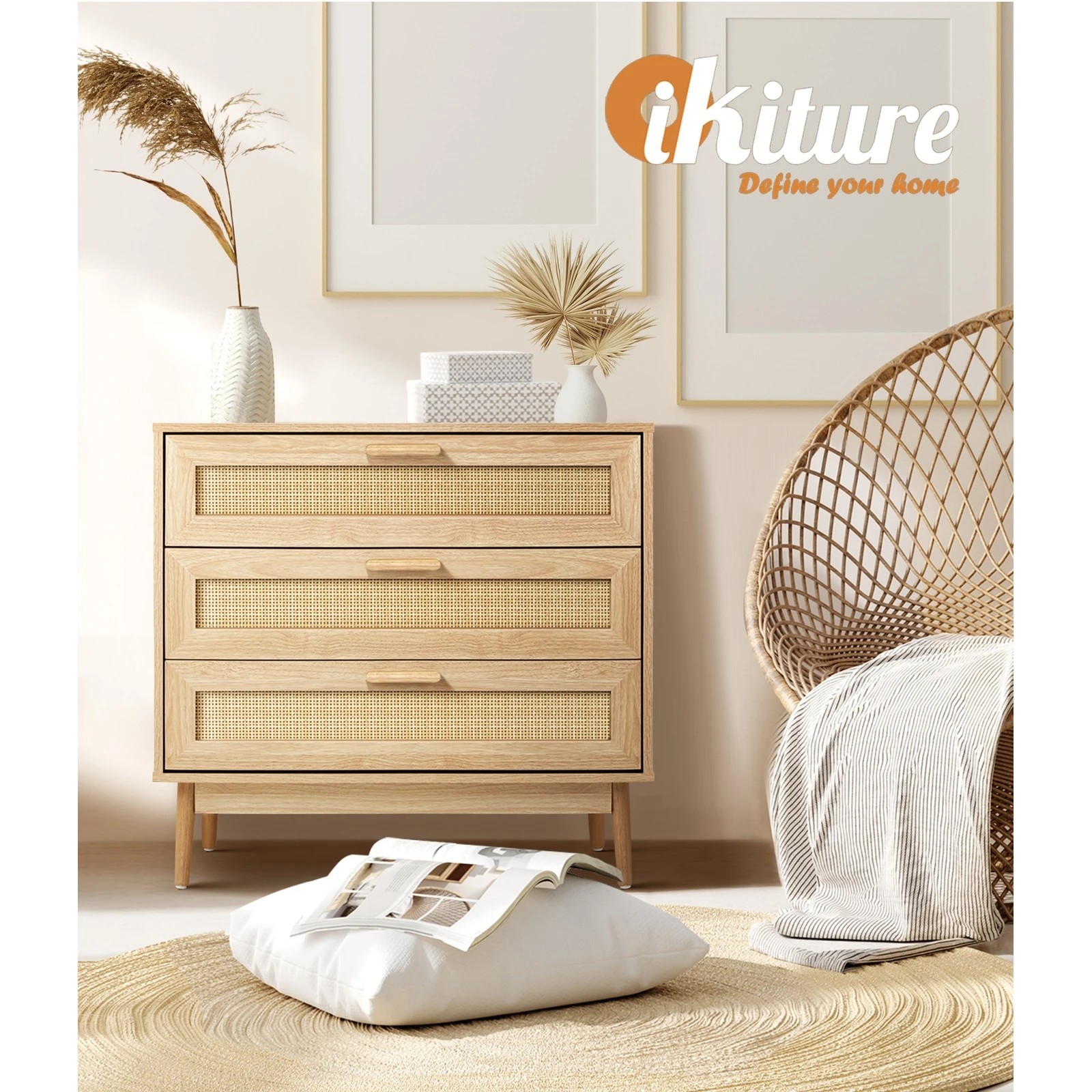 6 Oikiture 3 Chest Of Drawers Storage Cabinet Dresser Rattan Lowboy
 - Natural, 6 of 10