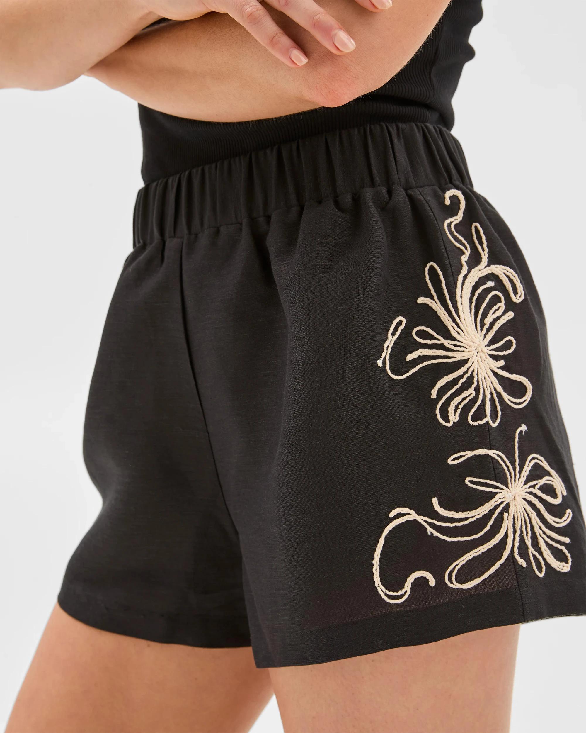 5 Lily Loves European Linen Blend Relaxed Embroidered Shorts BLACK, 5 of 6