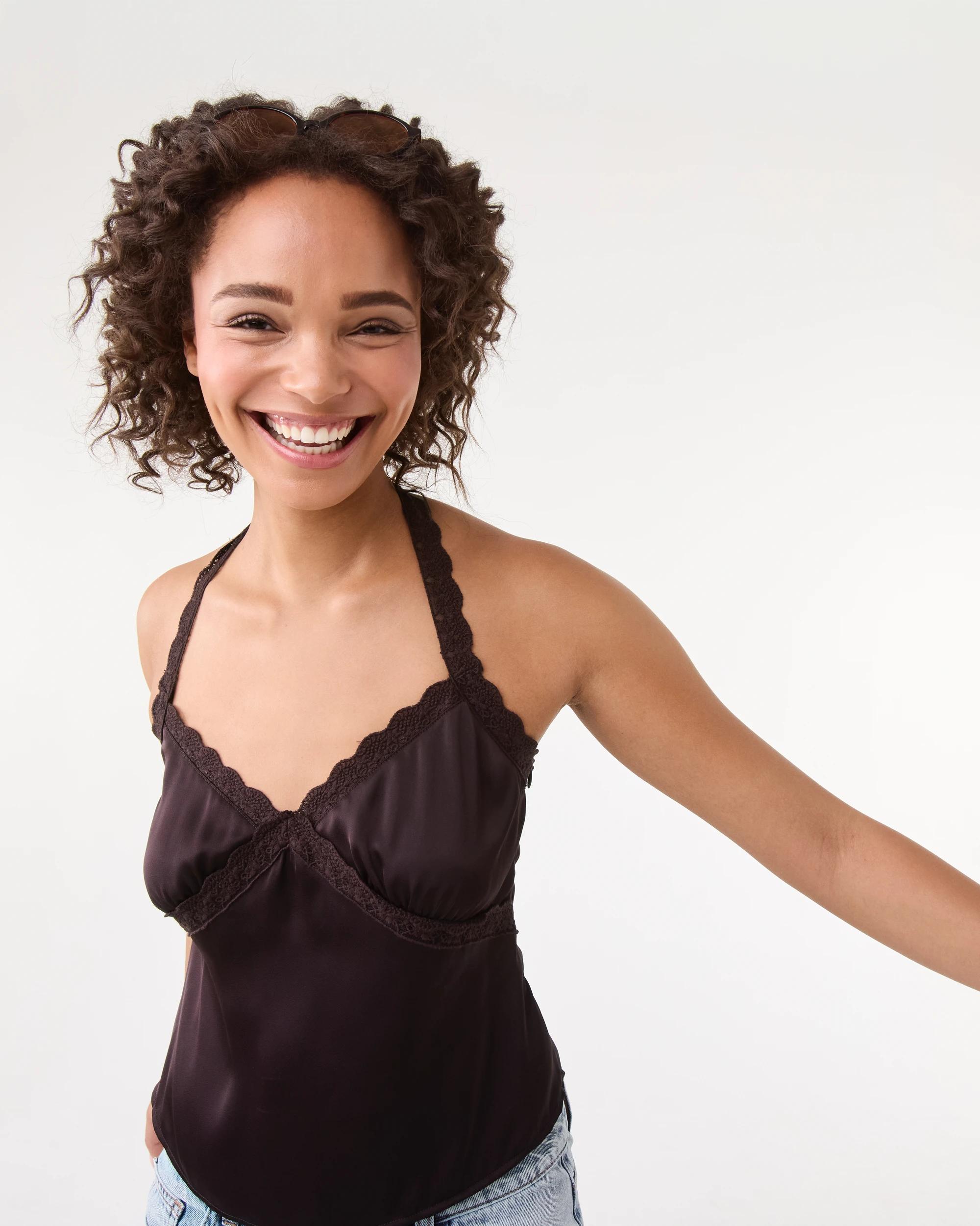 7 Sleeveless Satin Lace Trim Top Choc Plum, 7 of 10