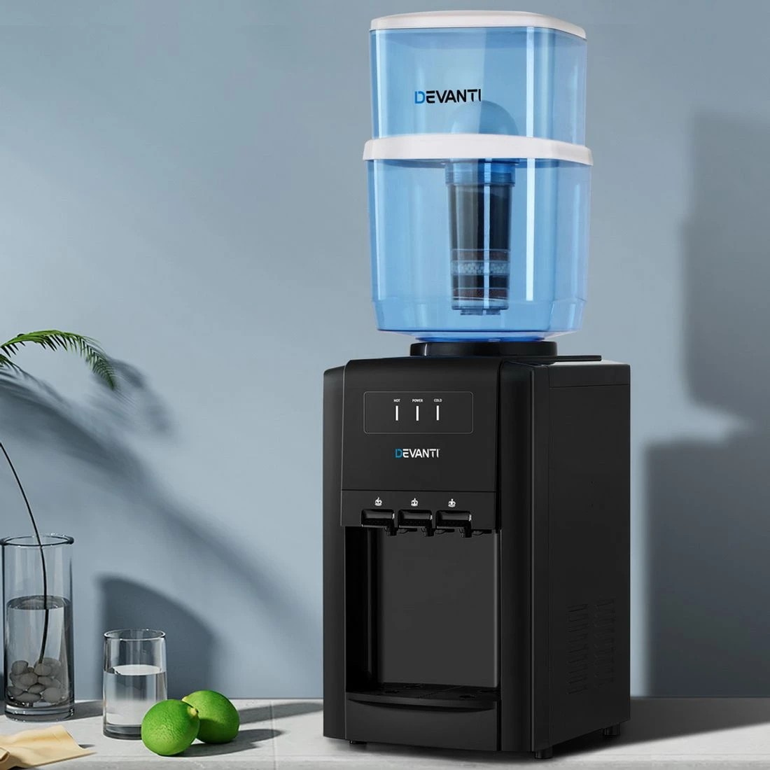 1 22L Devanti Water Cooler Dispenser Bench Top 3 Taps Chiller Filter Purifier Three Taps - Black, 1 of 7