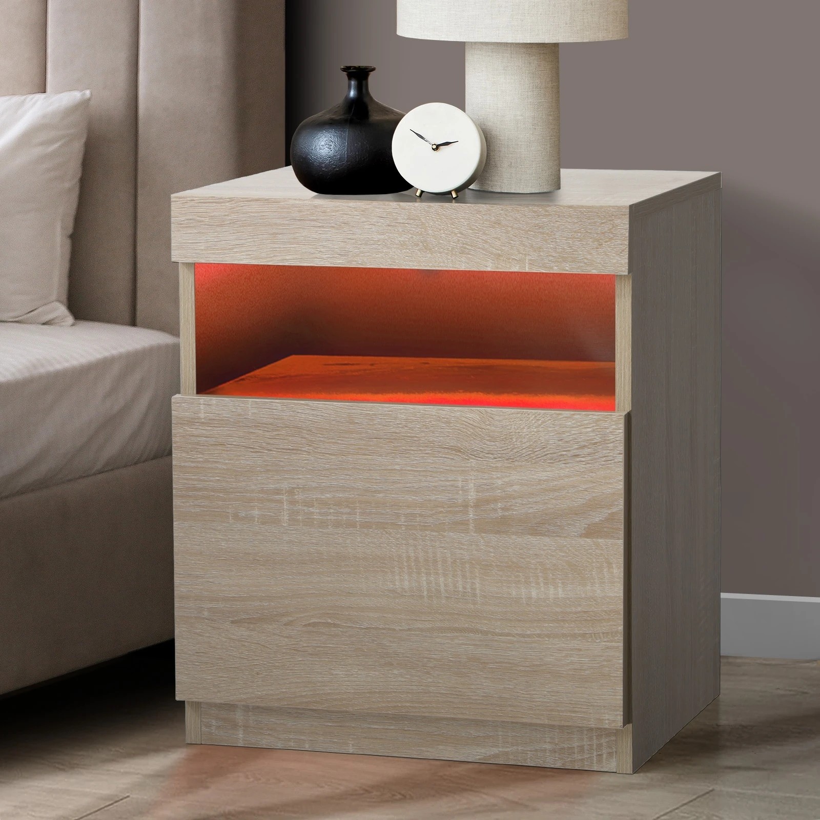 2 Oikiture Bedside Table Led Nightstand Shelf Storage Cabinet
 - Natural, 2 of 8