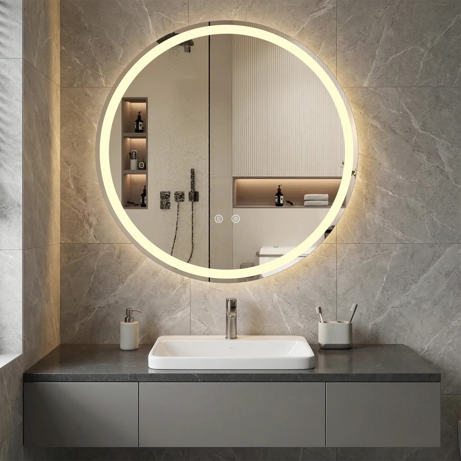 4 Costway 70cm Round LED Bathroom Mirror Wall-mounted Backlit Vanity Mirror, 4 of 6