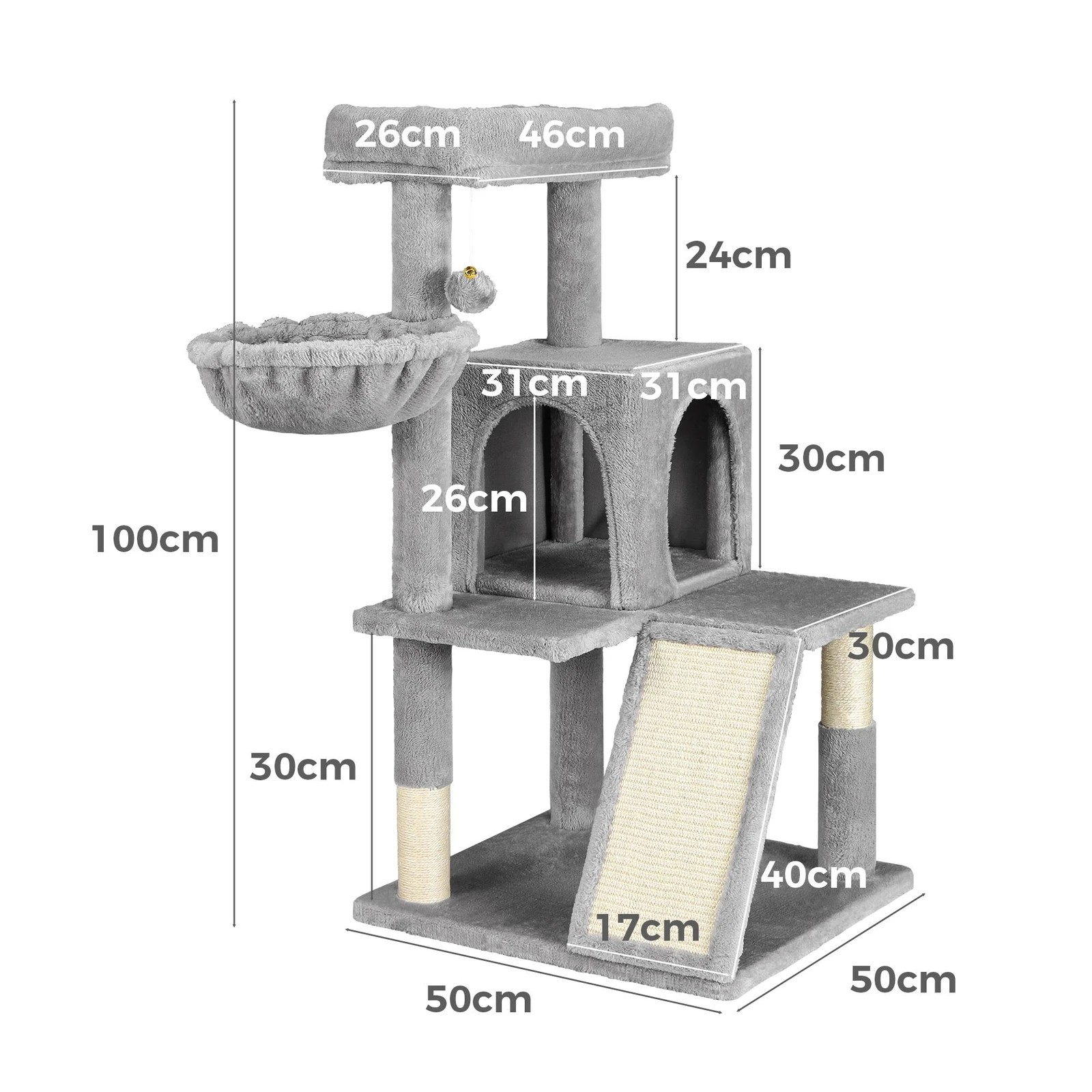 3 Beastie Cat Tree Scratching Post Scratcher Tower Condo House Furniture Wood 100cm - Grey, 3 of 7