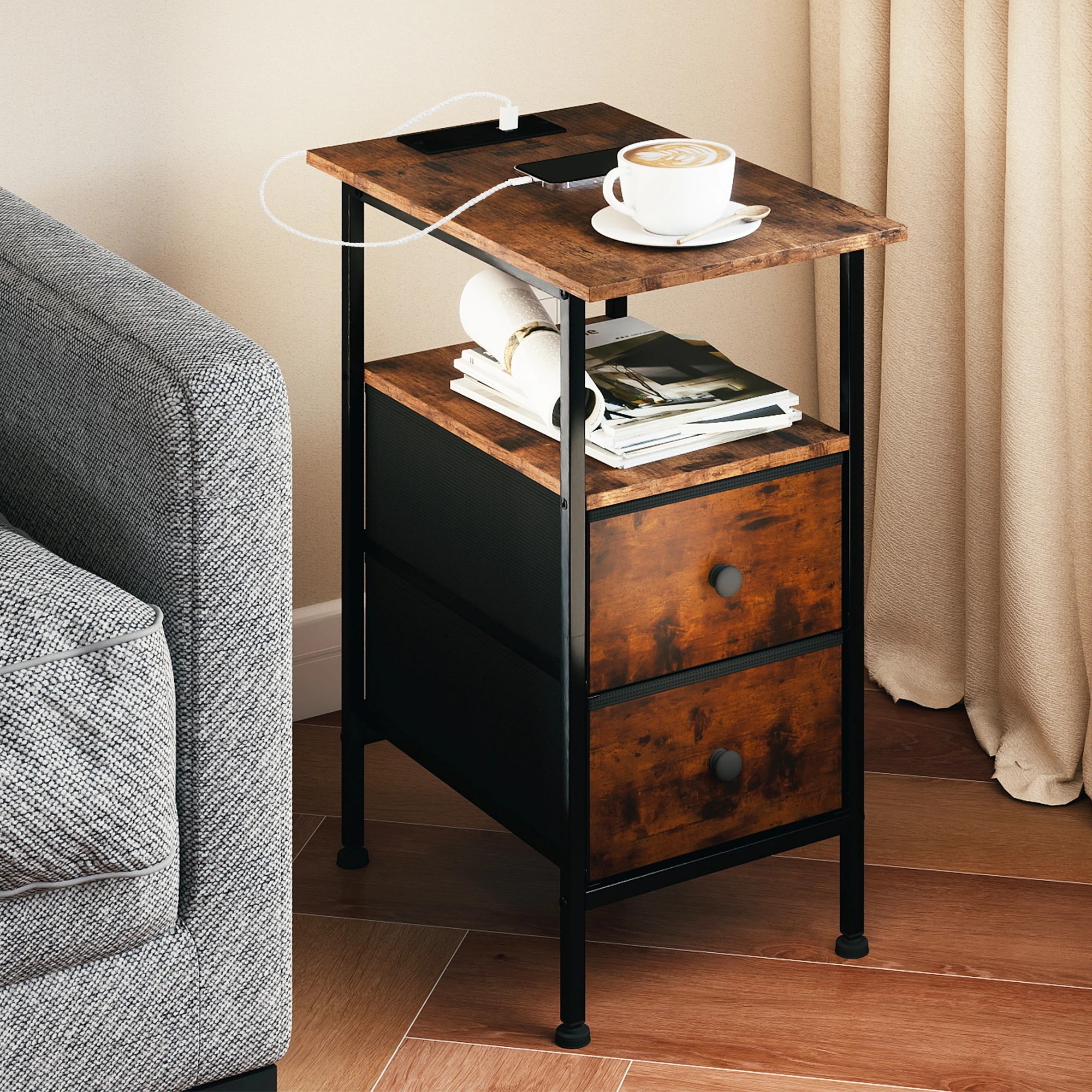 7 Levede Bedside Table USB Charge with 2 Drawers - Brown, 7 of 9