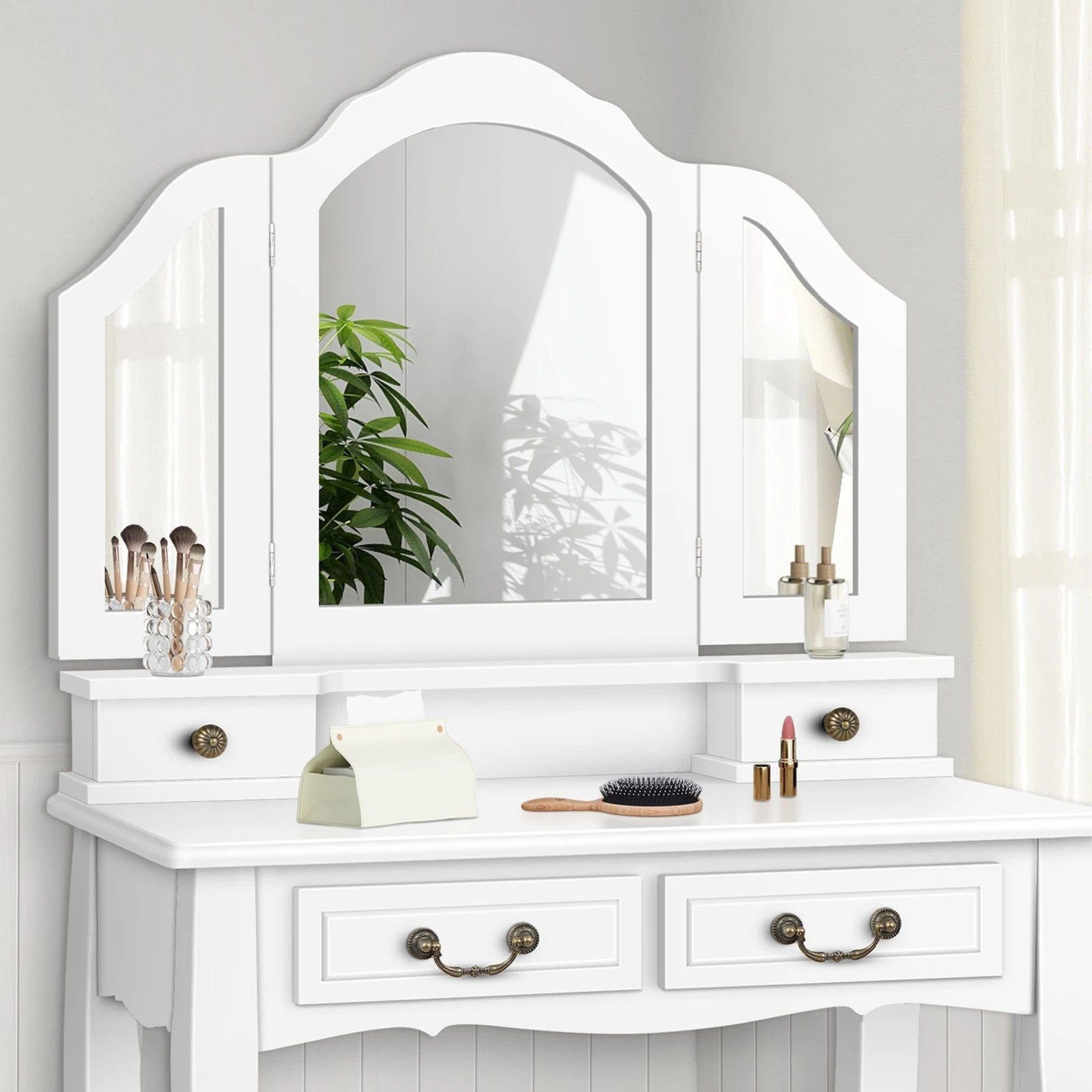 4 Alfordson Dressing Table Stool Set Makeup Foldable Mirror Vanity Desk - White, 4 of 10
