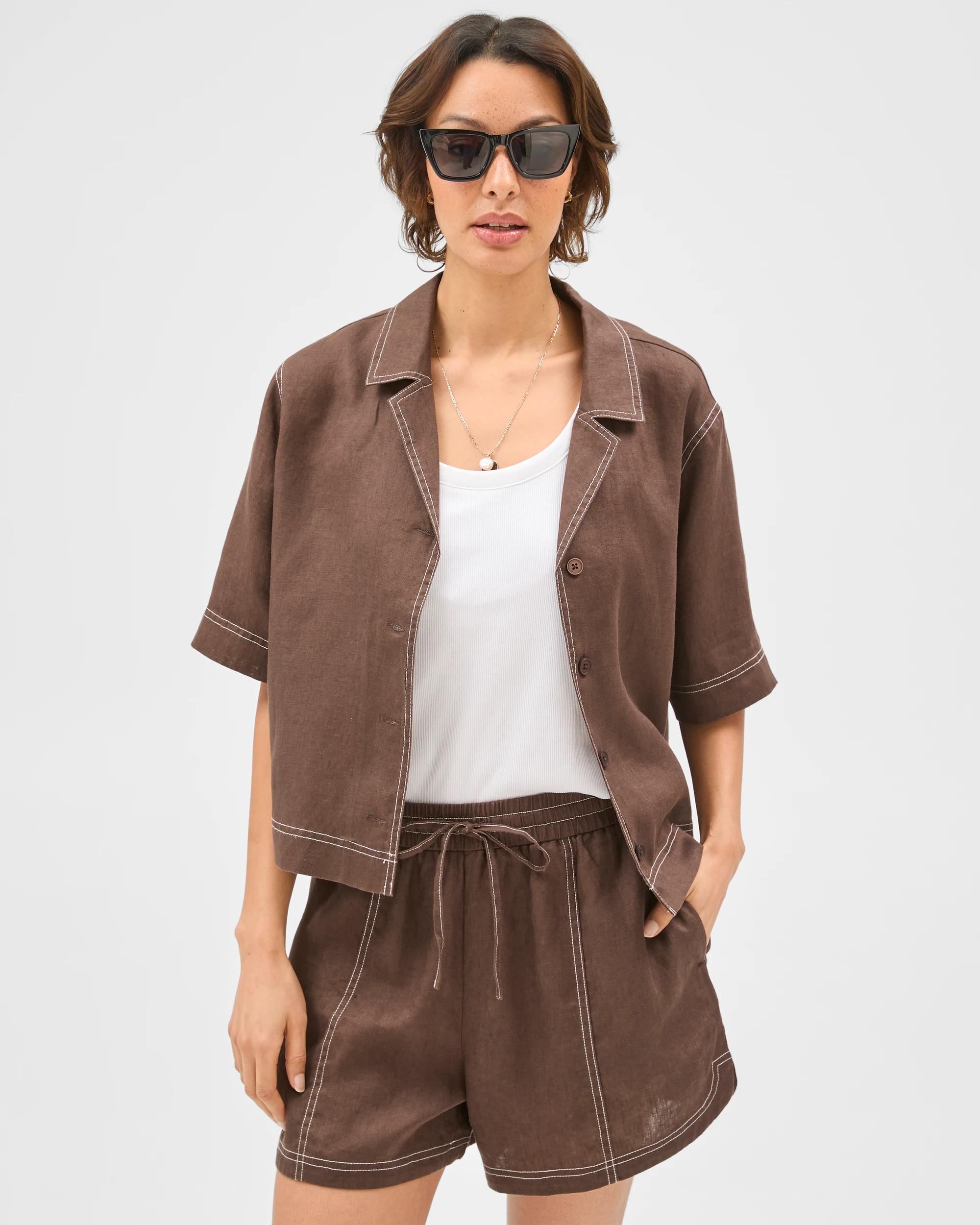 2 Target Woman European Linen Short Sleeve Stitch Detail Shirt COFFEE BEAN, 2 of 7