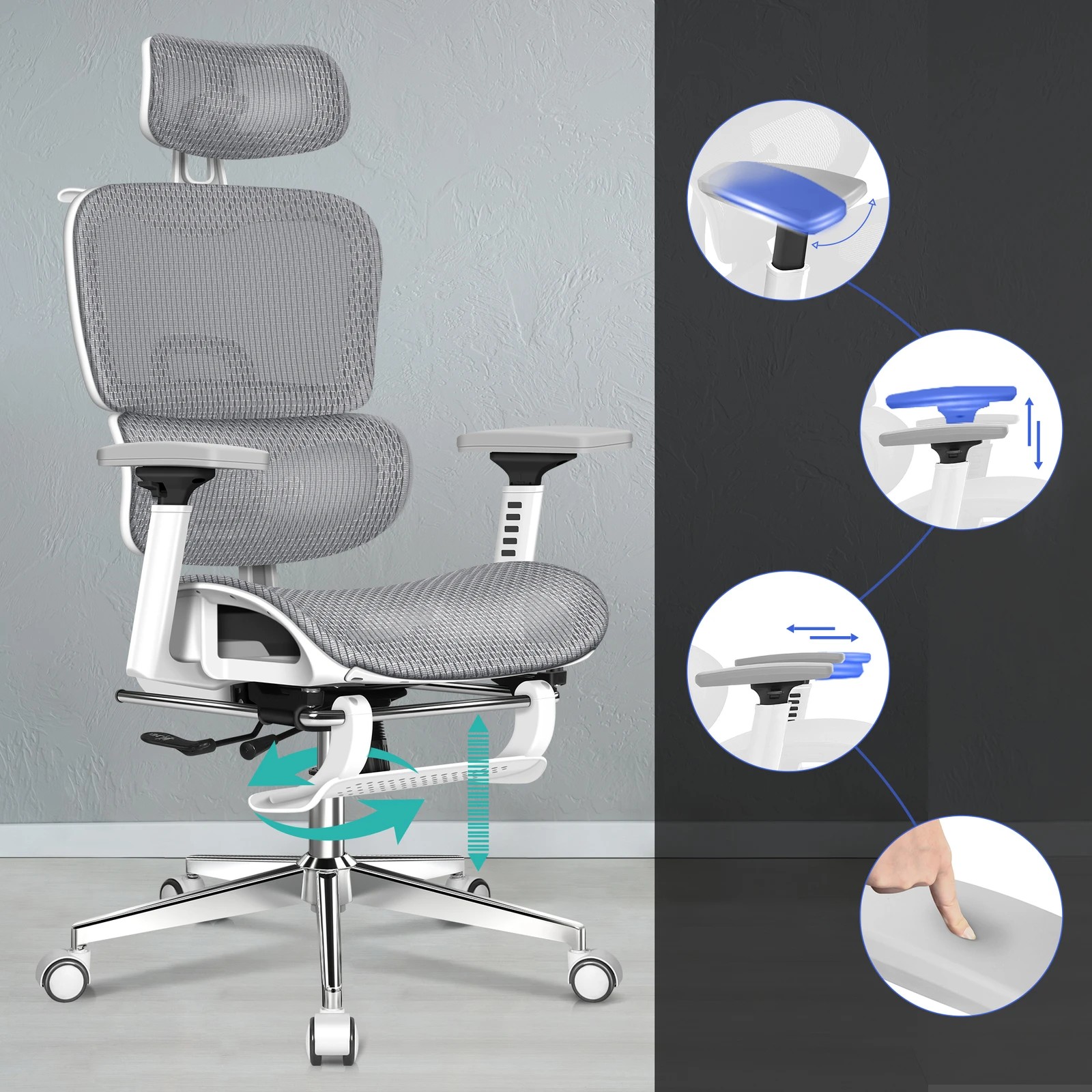 6 Alfordson Ergonomic Office Chair Mesh Executive Racing Computer Seat - White Grey, 6 of 10