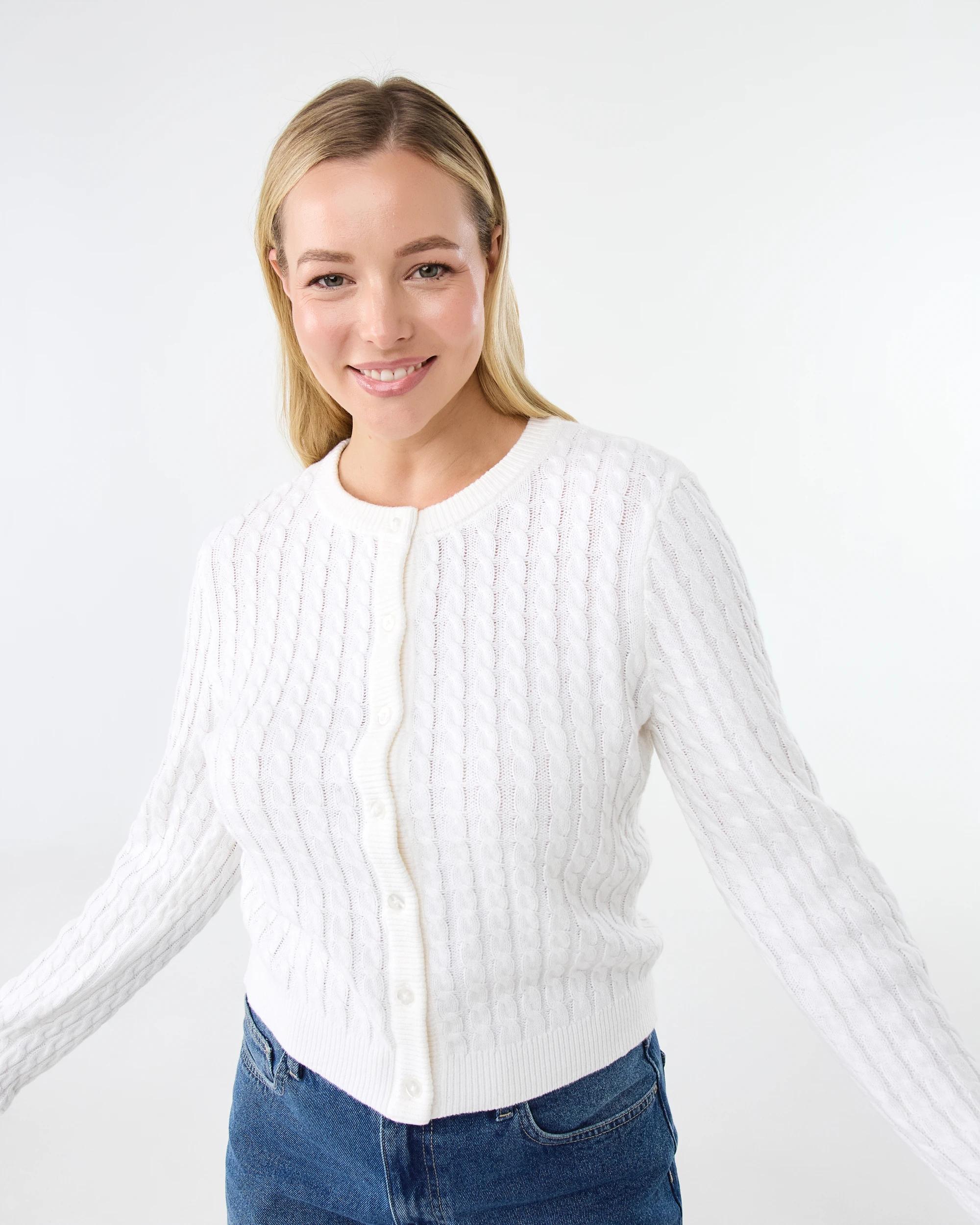 4 Long Sleeve Lightweight Cable Cardigan Cld White, 4 of 7