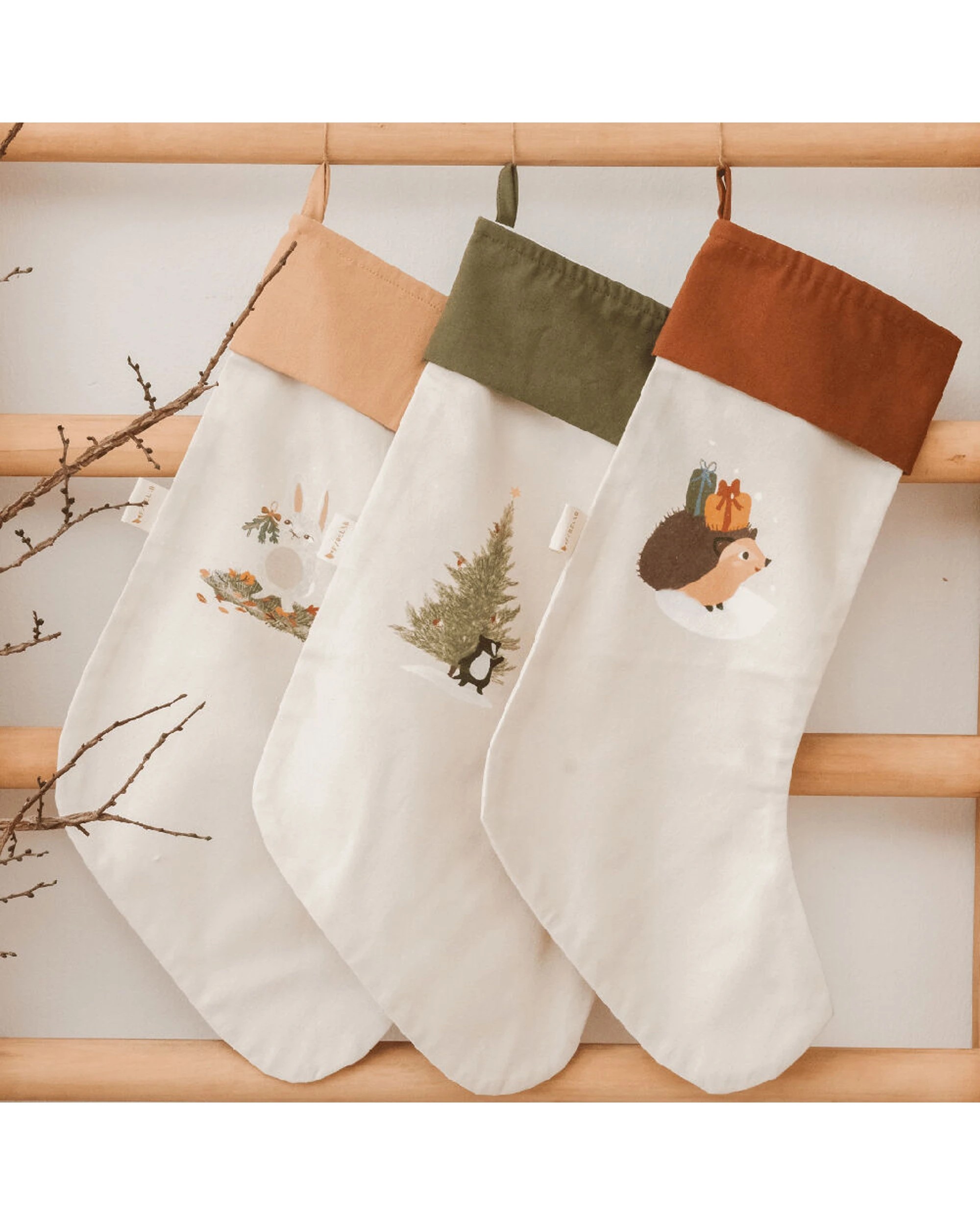 3 Fabelab Christmas Woodland Stocking Socks Hanging Decor Hedgehog Organic 30x52cm - Beige, 3 of 3