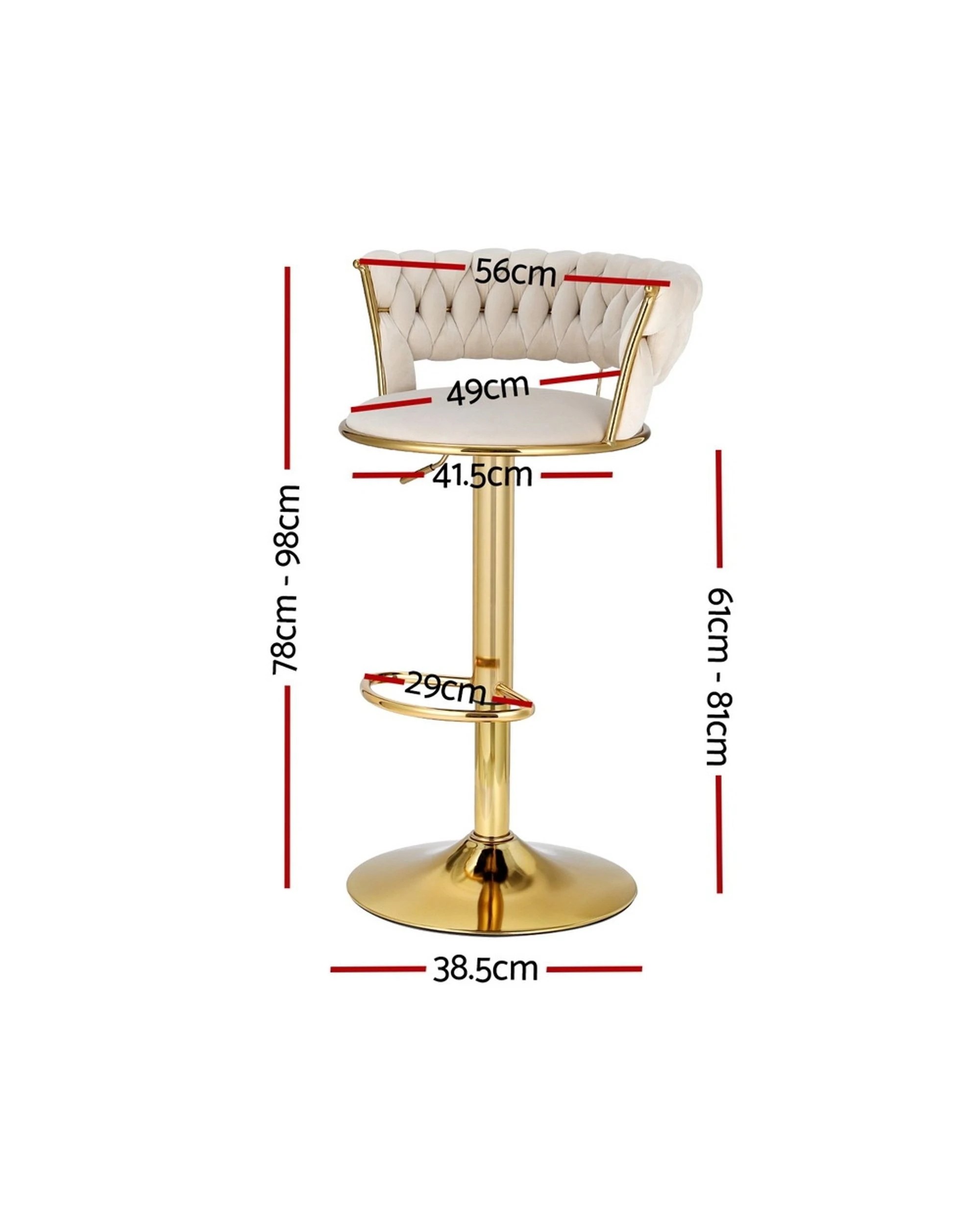 3 Artiss 2x Bar Stools Gas Lift Velvet Woven Backrest Ivory - Beige, 3 of 6