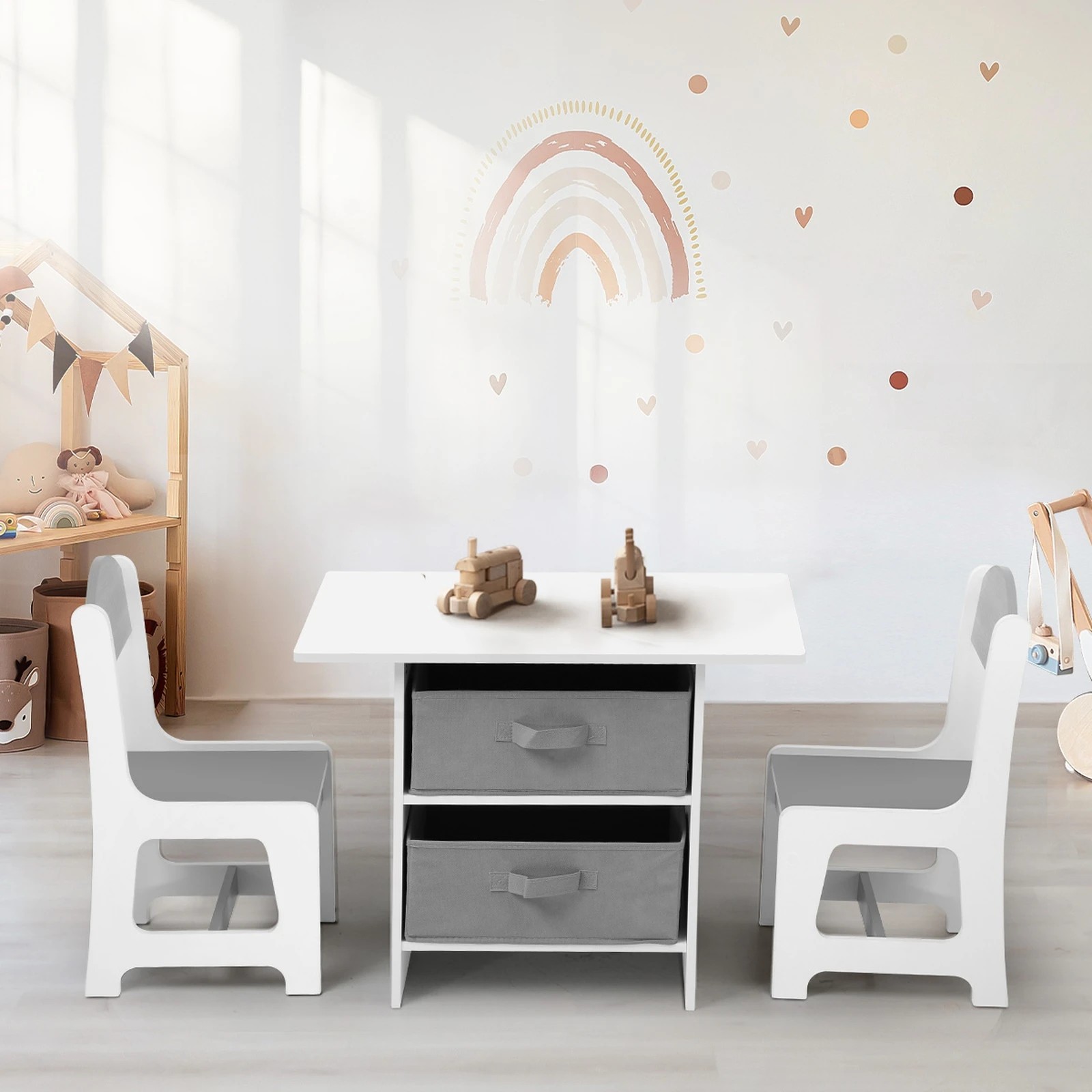 3 Oikiture Kids Table And Chairs Set Children Activity Play Desk With Storage Box
 - White, 3 of 9