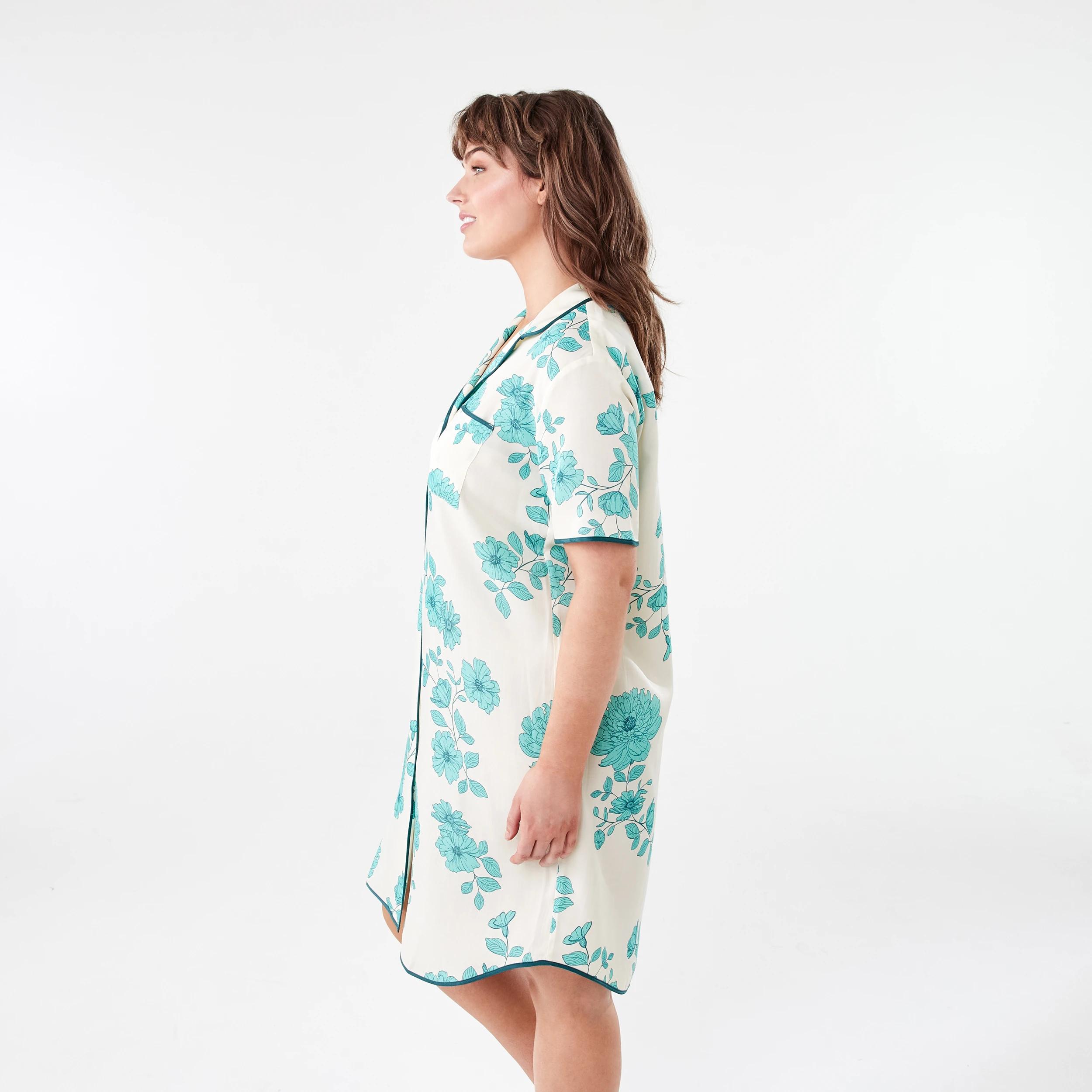 2 Short Sleeve Matte Satin Nightie GREEN FLORAL DEEP MINT, 2 of 6