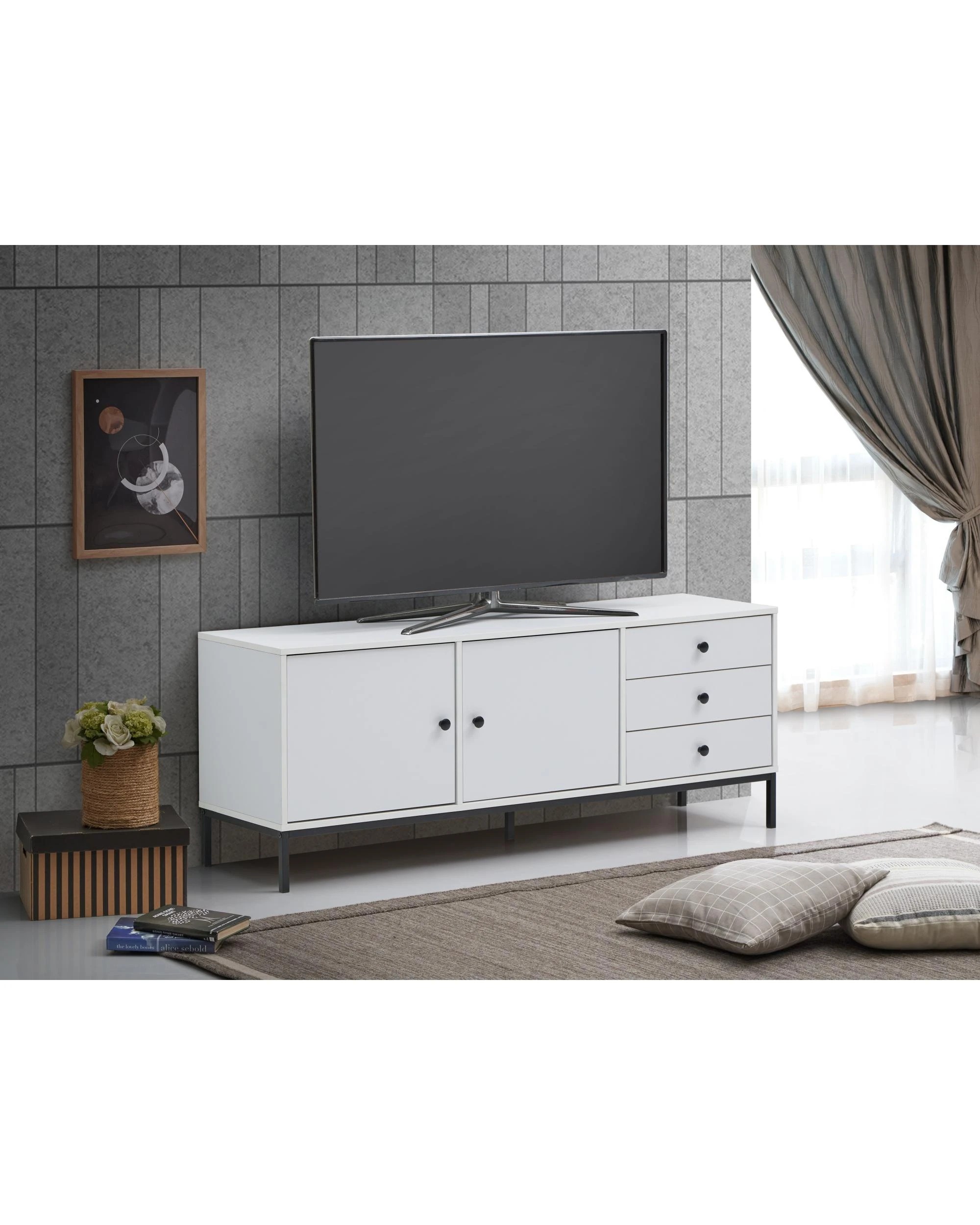 3 Kodu Entertainment Unit TV Unit Modern TV Stand 150cm 2 Doors 3 Drawers - White, 3 of 7
