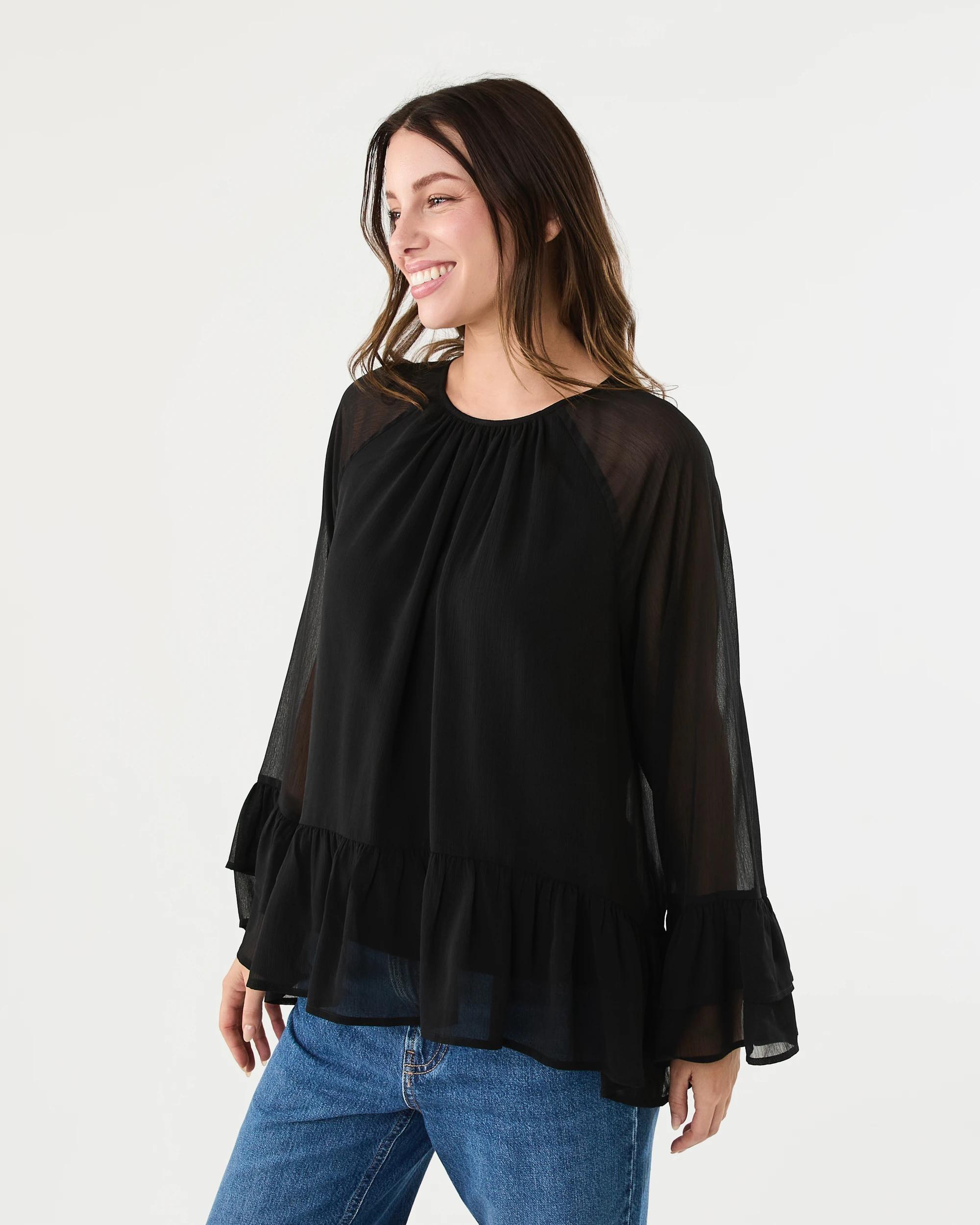 2 Long Sleeve Chiffon Tier Top Black, 2 of 8