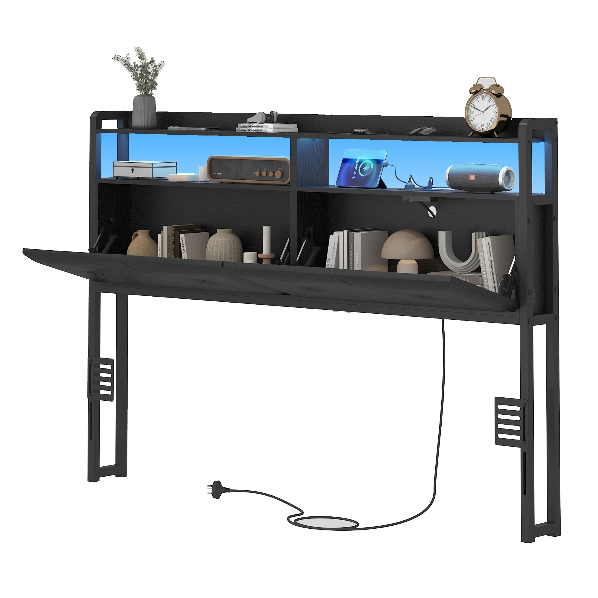 1 Advwin Double Size Headboard with LED Light Charging Station Hidden Storage PU Upholstered - Black, 1 of 8