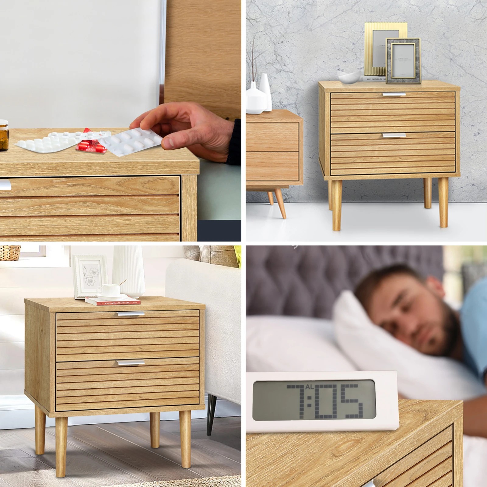 4 Alfordson Bedside Table Nightstand Side Storage Cabinet Slatted Drawer - Oak, 4 of 10