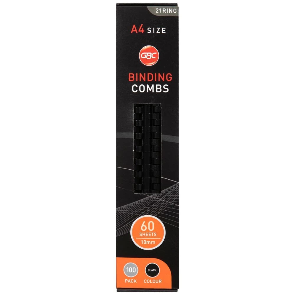 1 GBC Binding Comb 21 Loop Plastic 10mm Black 100 Pack, 1 of 3
