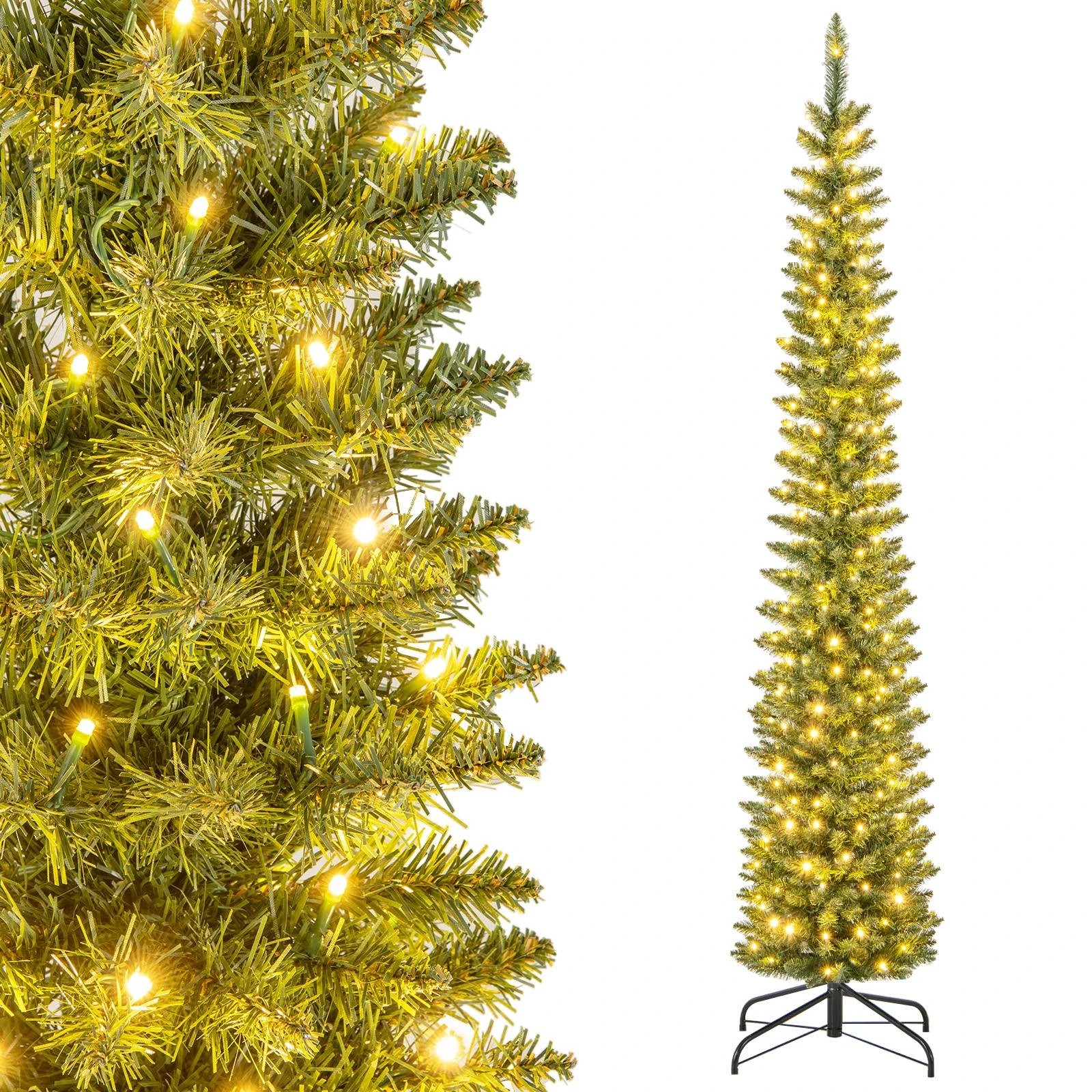 1 Costway 2.1M/7ft Pre-Lit Slim Pencil Christmas Tree w/499 Branch Tips, 1 of 2
