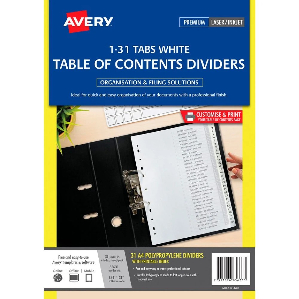 1 Avery Polypropylene A4 Printed Tabs Dividers 1 -31 White, 1 of 2