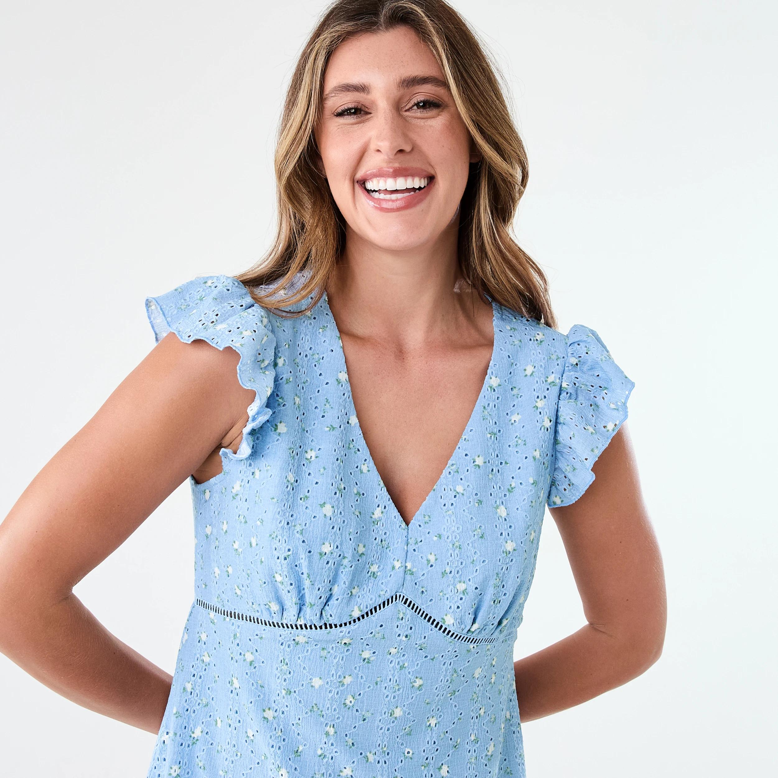 4 Sleeveless Broderie V-Neck Mini Dress Blue Ditsy, 4 of 8