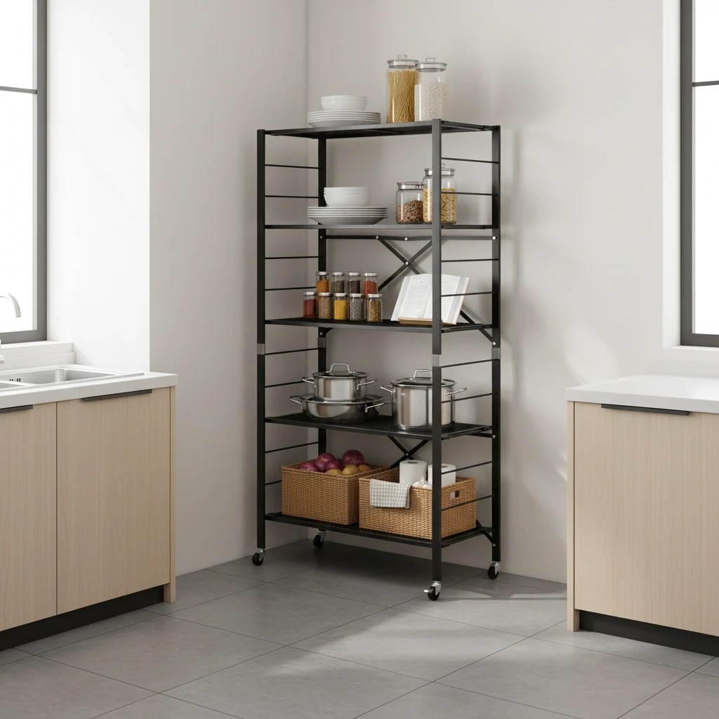 3 Costway 1.53M Folding Storage Shelf 5-Tier Display Rack Plant Stand w/Wheels Metal Frame, 3 of 4