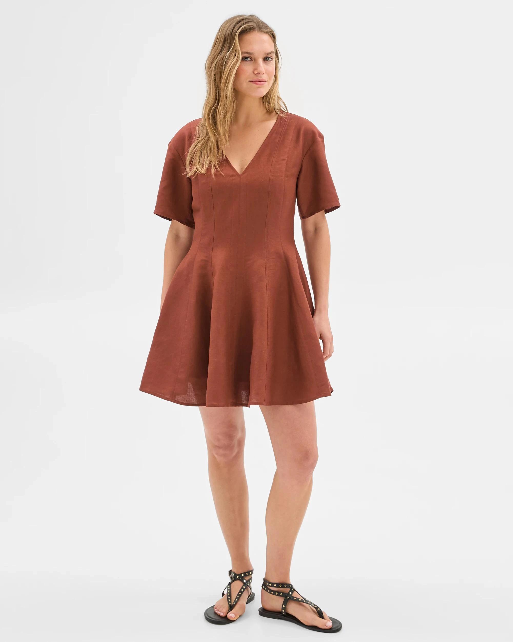 1 Lily Loves European Linen Blend Pleat Mini Dress CINNAMON, 1 of 5