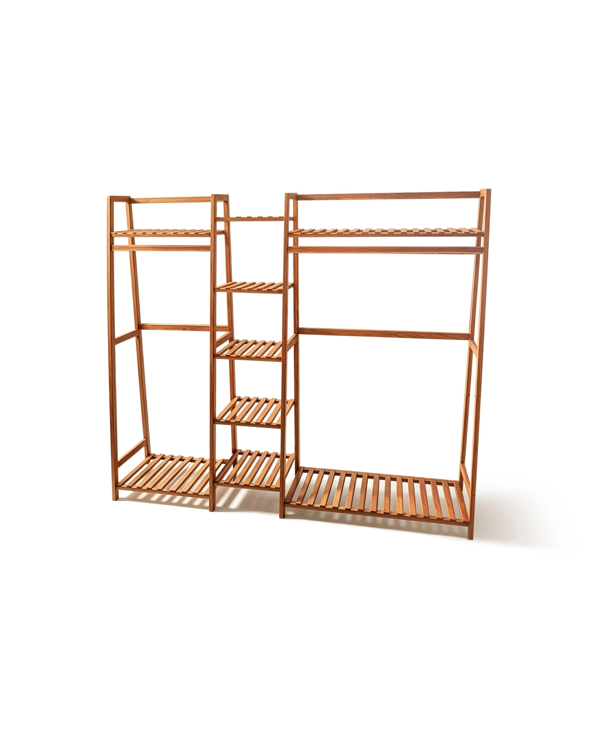 1 Foret Tea Brown Bamboo Double Clothes Rack With Shelves, 1 of 8