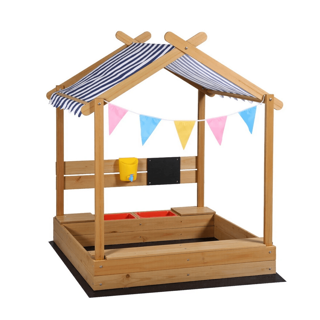 1 Keezi Kids Sandpit Wooden Sandbox Pit with Canopy Water Basin Toys 146cm - Natural, 1 of 7