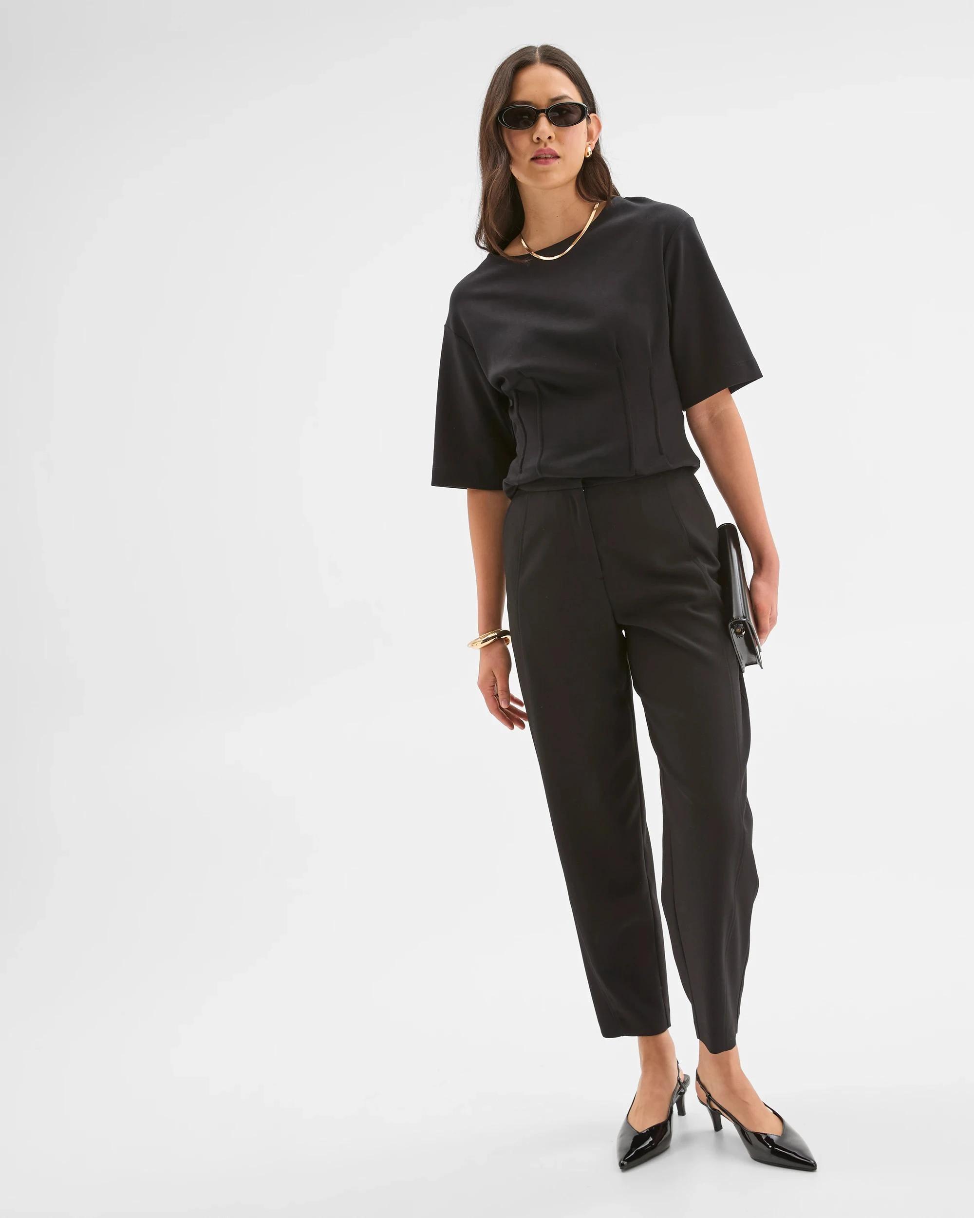 7 Preview Australian Cotton Blend Short Sleeve Knit Waisted Top BLACK, 7 of 9