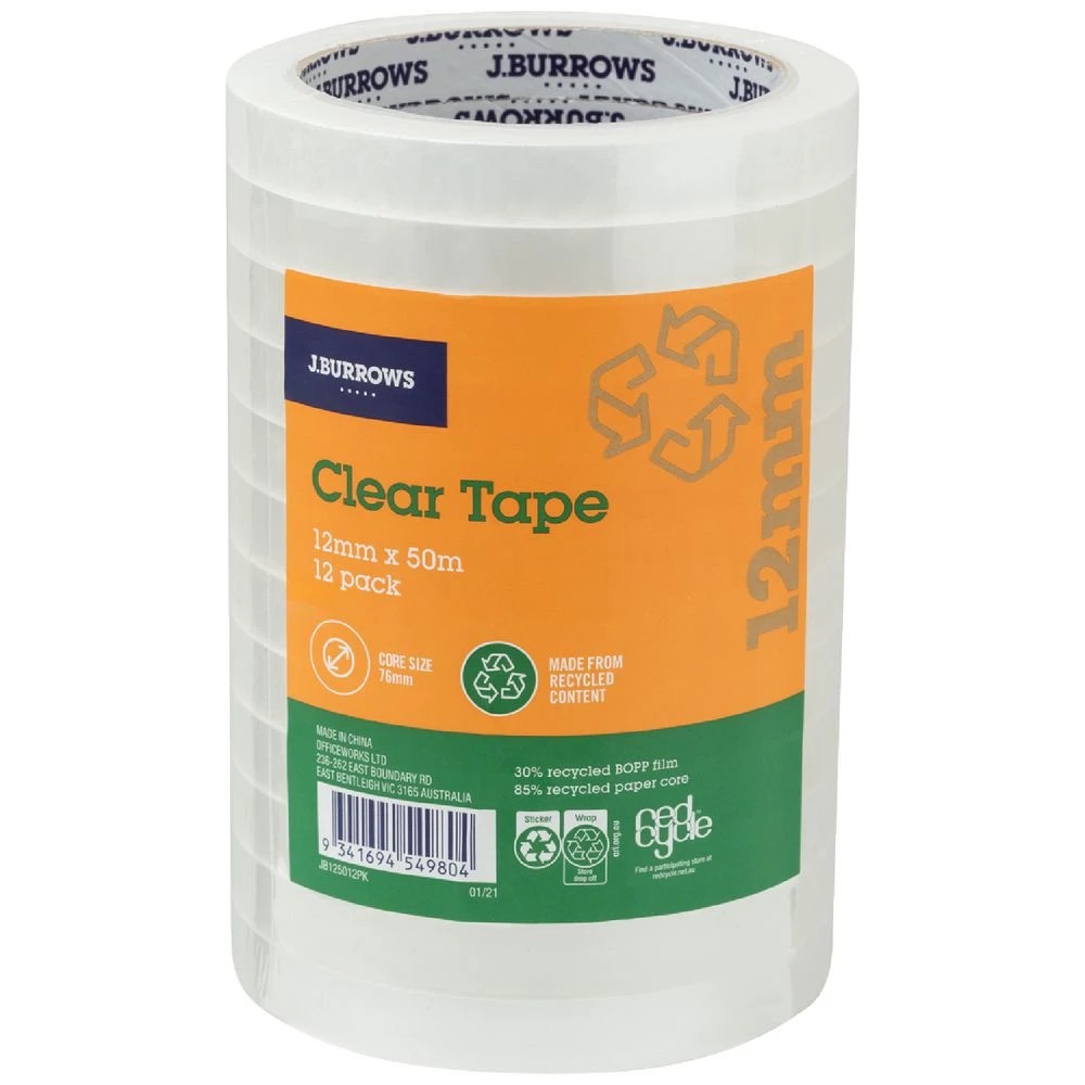1 J.Burrows Clear Tape Roll 12mmX50m 12 Pack, 1 of 2