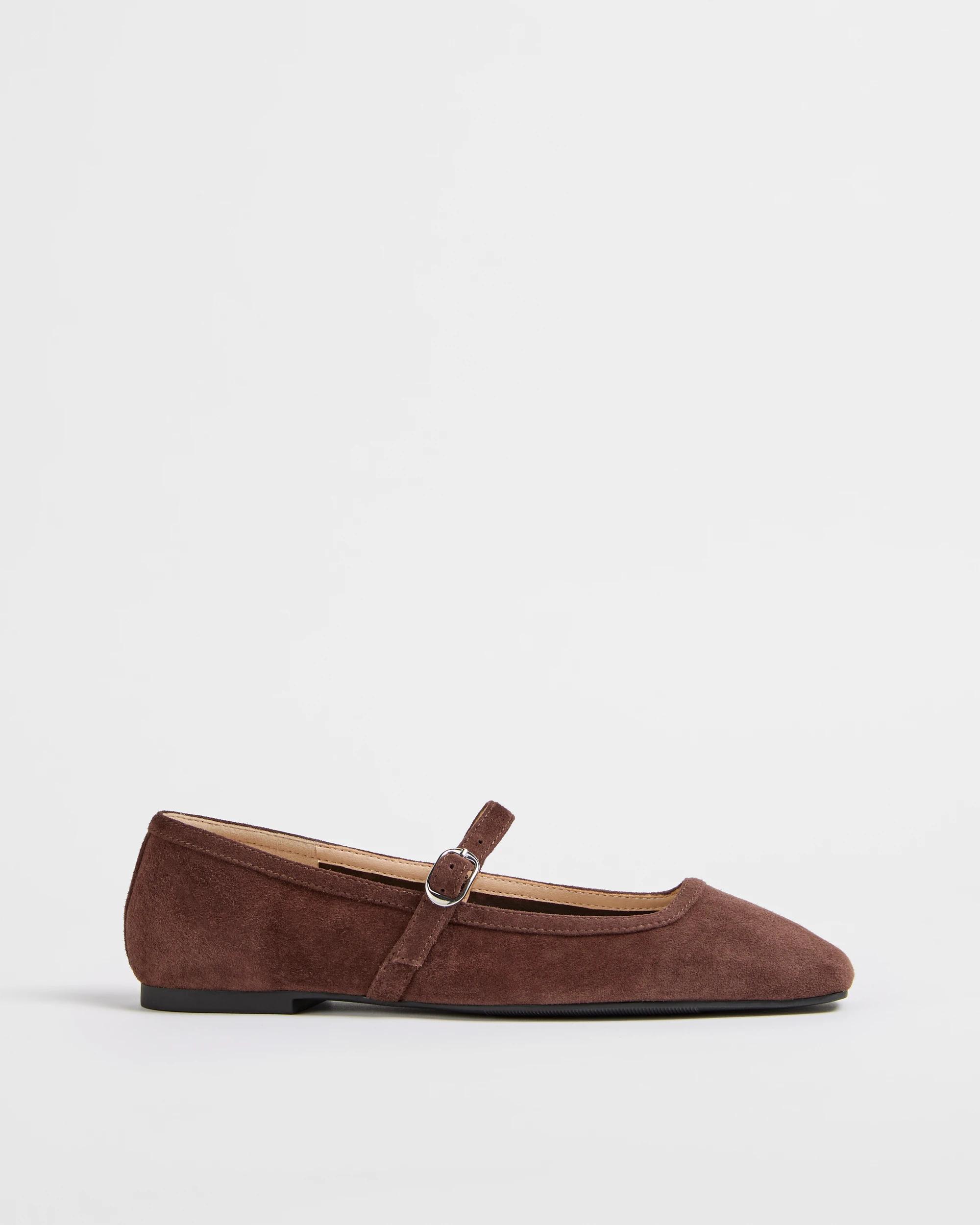 1 Target Woman Genuine Leather Mary Jane Strap Ballet Flats DARK CHOCOLATE SUEDE, 1 of 3