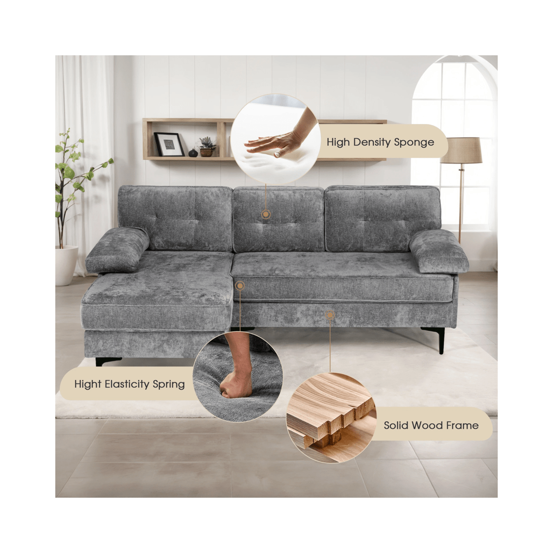 4 Advwin 3 Seater Sofa L-shape Chenille Lounge Couch W/ Reversible Chaise Grey, 4 of 9