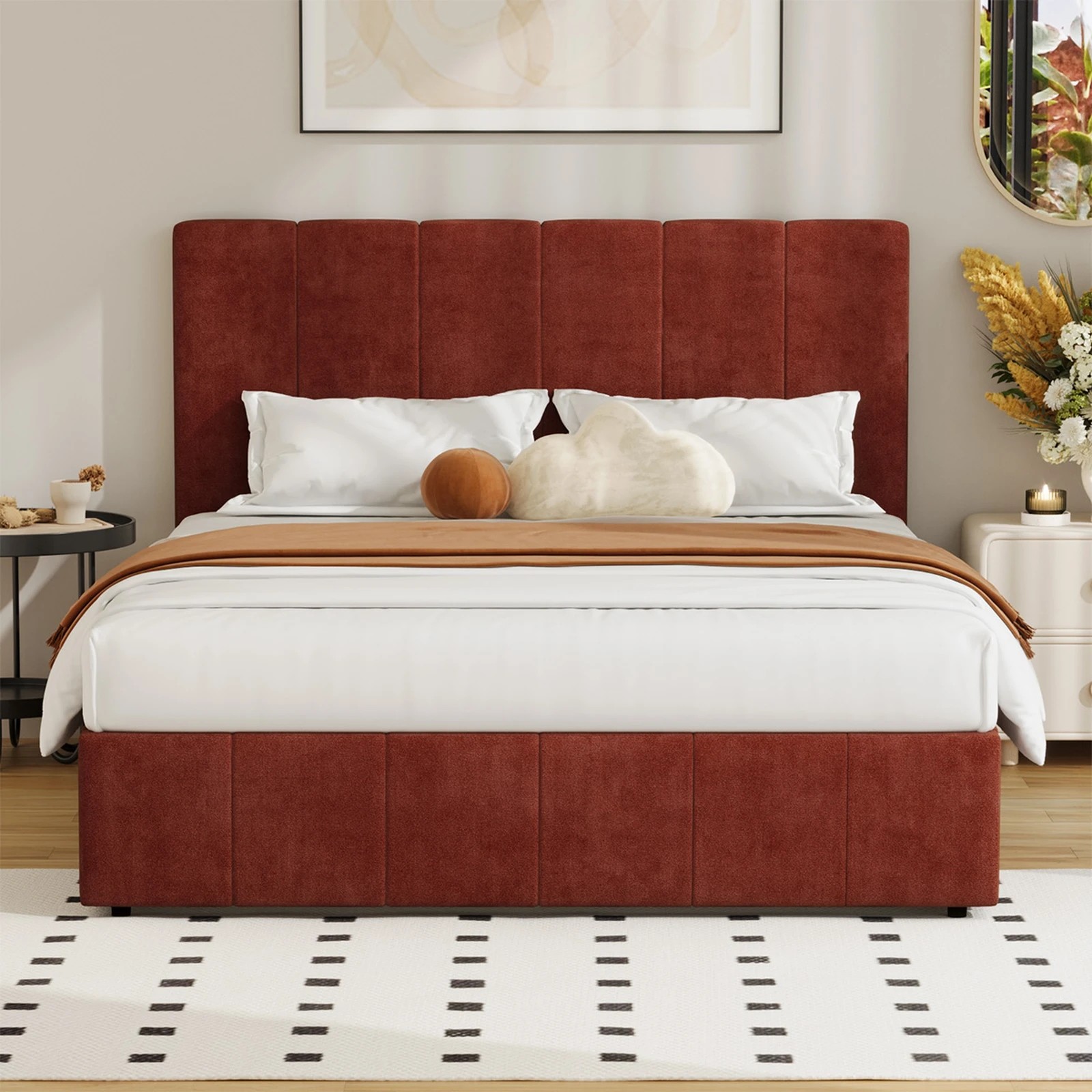 4 Oikiture Bed Frame Double Size Beds Gas Lift Mattress Base Fluted Headboard - Brown, 4 of 9