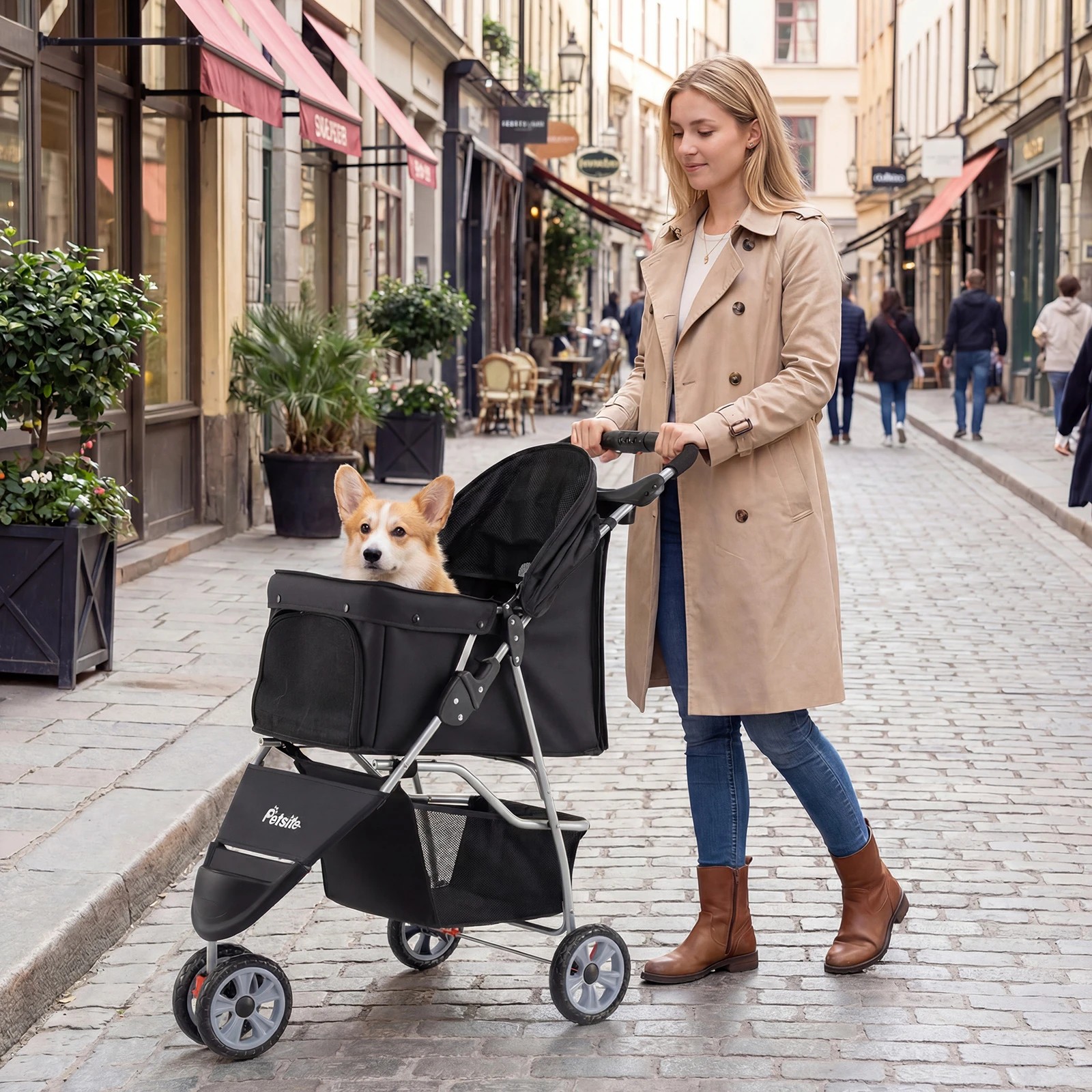 4 Costway 3-Wheel Pet Stroller Foldable Dog Cat Travel Cart w/Storage Basket - Black, 4 of 5