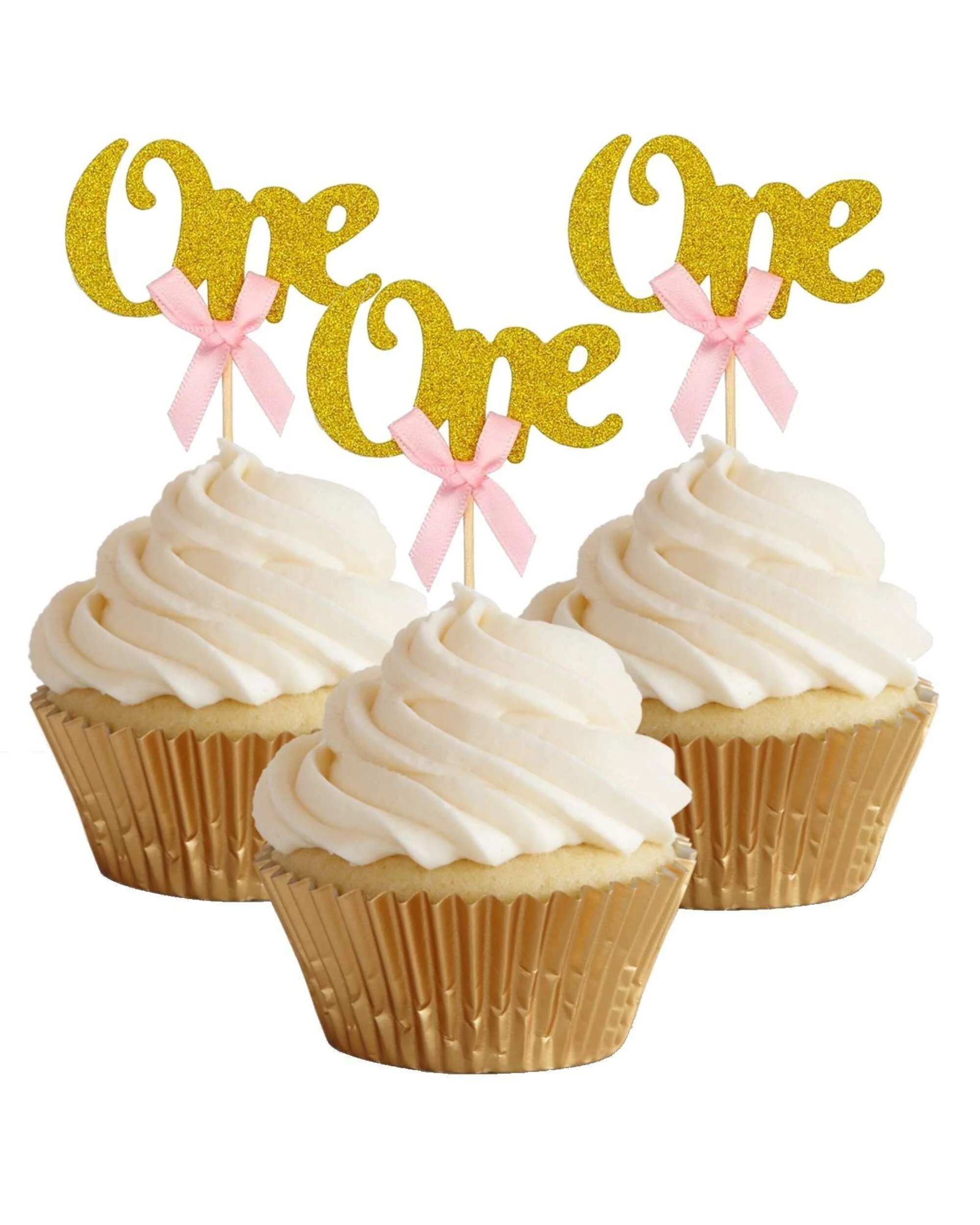 1 Party Maker Girls 1st Birthday One Gold Glitter Cupcake Picks Pack of 10 - Gold, 1 of 3