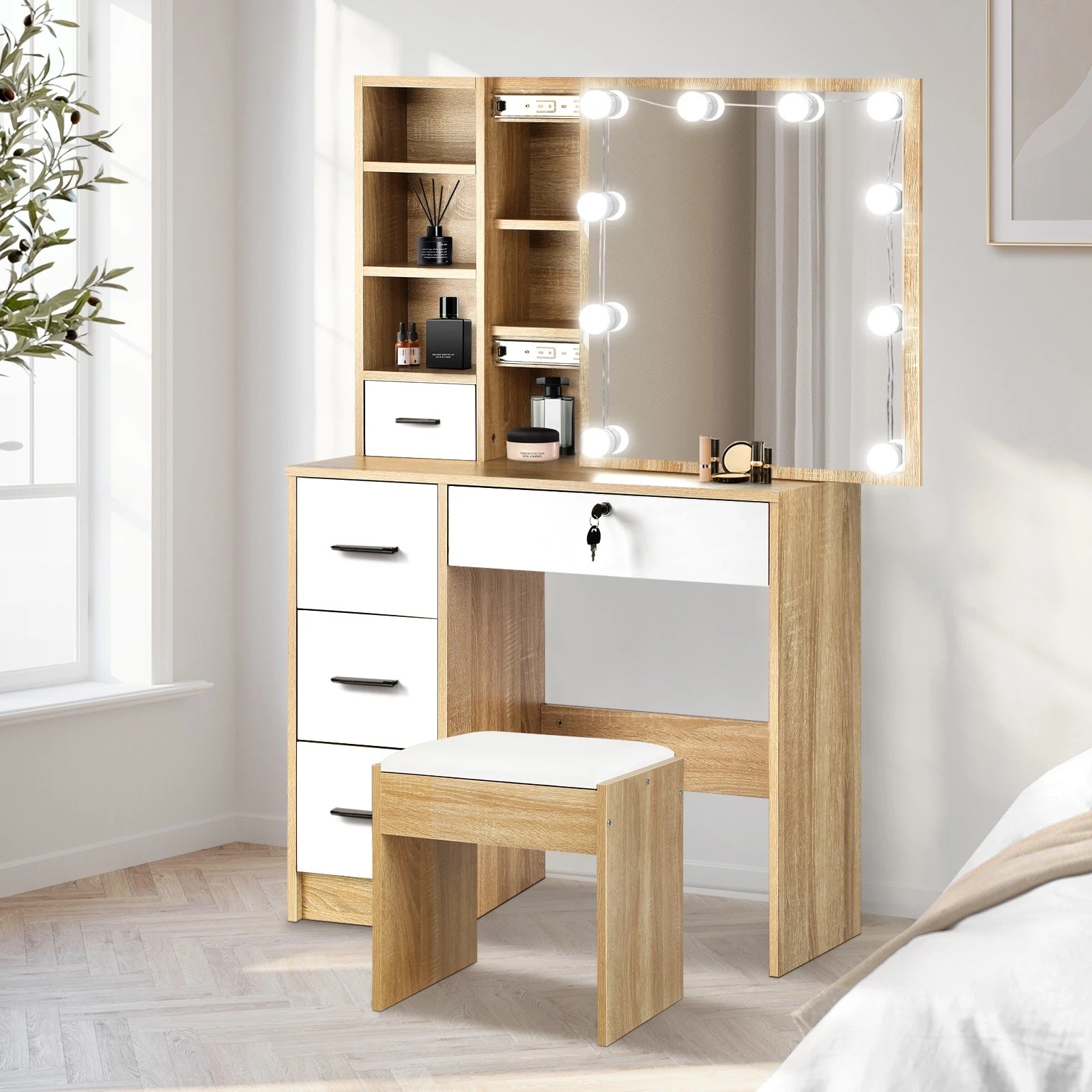 2 Oikiture Dressing Table Stool Set Slide Mirror Drawer 10 Led Bulbs
 - Multi, 2 of 9