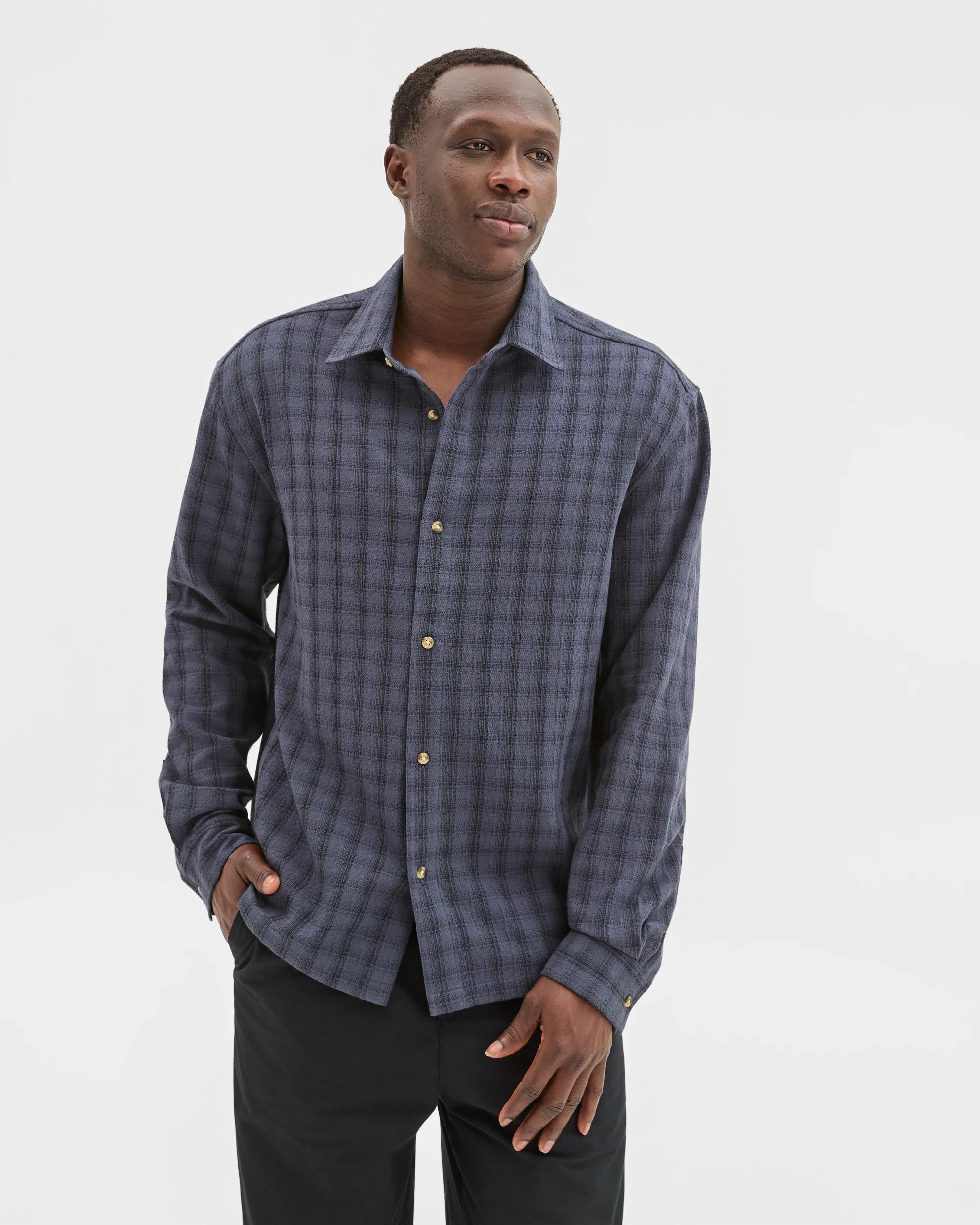 2 Commons Australian Cotton Boxy Fit Long Sleeve Textured Shirt NAVY CHECK, 2 of 7
