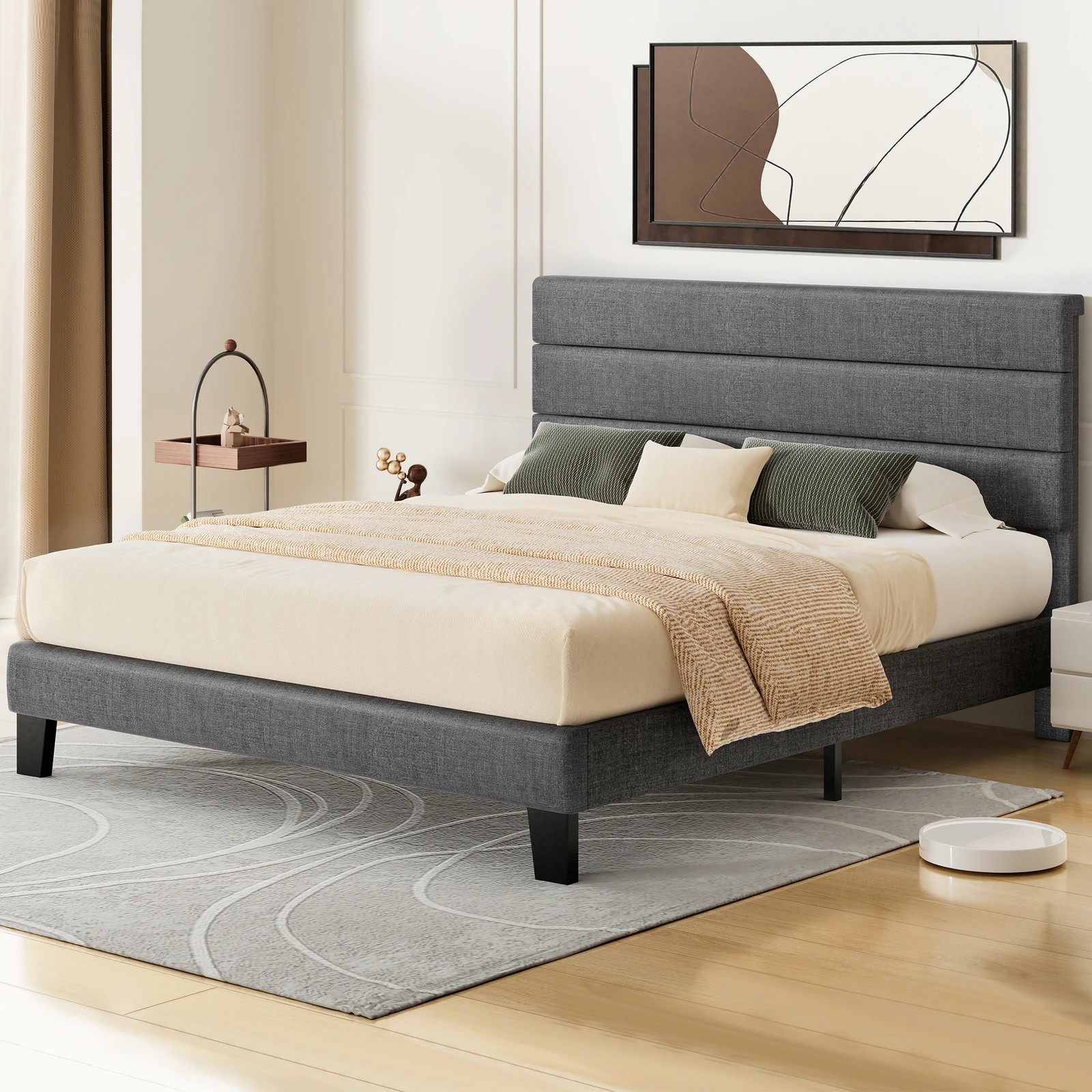 2 Alfordson Bed Frame Queen Size Upholstered Platform Fabric Harlene - Grey, 2 of 10