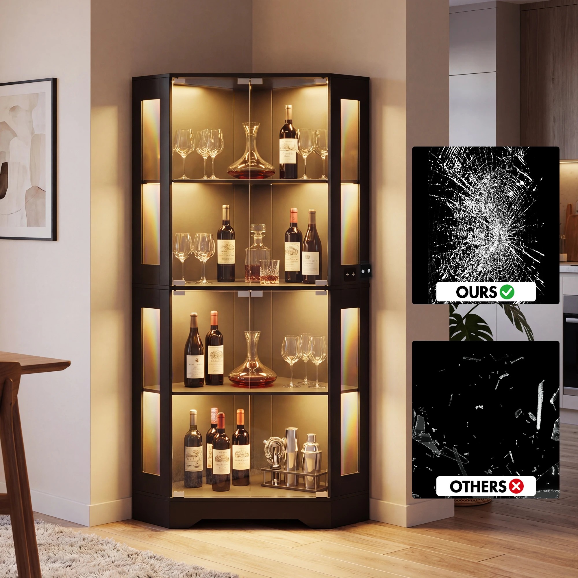5 Advwin 4-Tier Corner Display Cabinet LED Glass Showcase Display Case - Black, 5 of 7