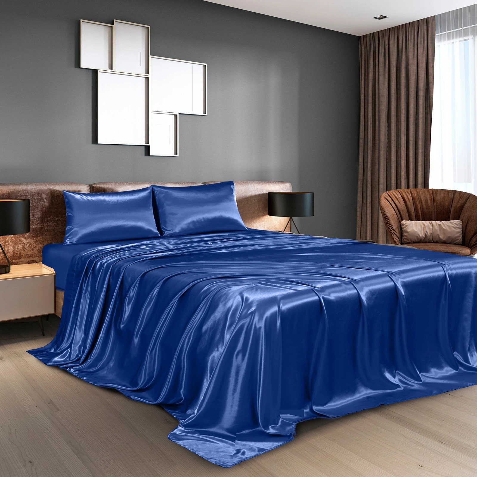2 Royal Comfort Satin Sheet Set 4 Piece Fitted Flat Sheet Pillowcases Silky Smooth - King Bed - Blue, 2 of 9
