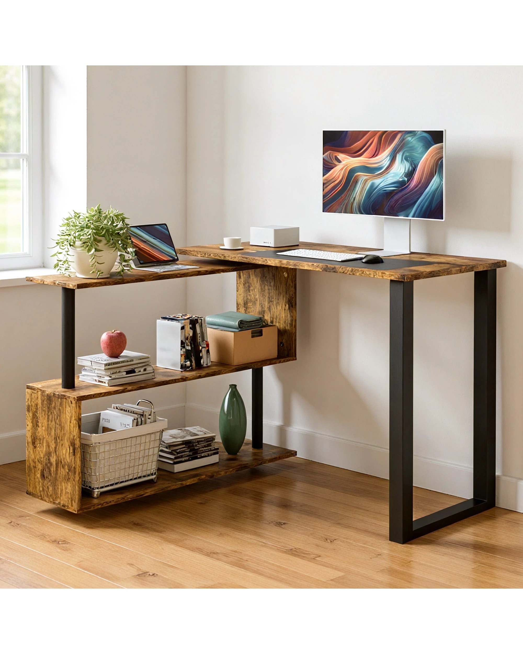 7 Advwin 360° Rotating Computer Desk L-shaped Desk With Bookshelf Corner Desk, 7 of 7