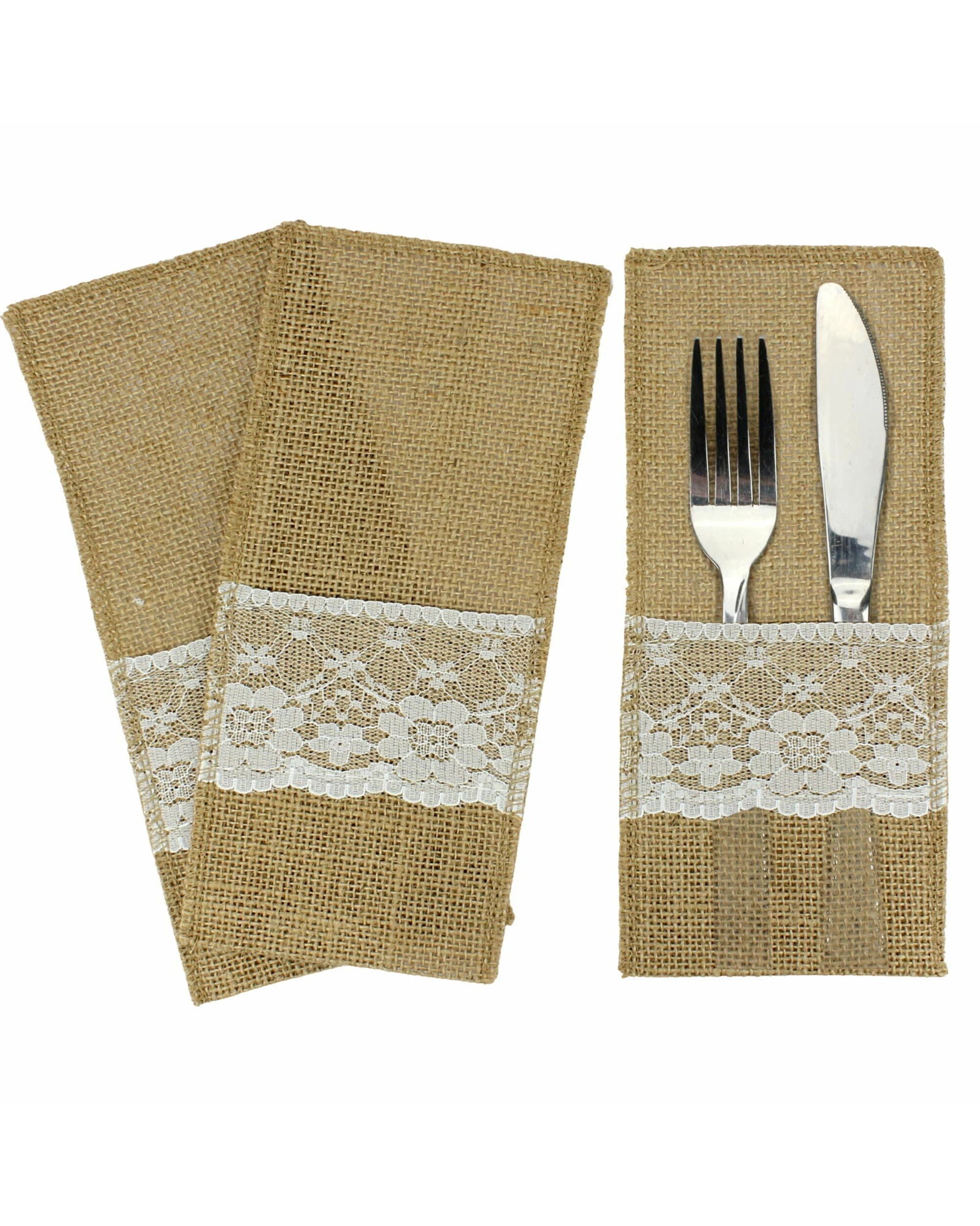1 Party Maker Hessian and White Lace Cutlery Pouch Pack of 3 - Natural, 1 of 2
