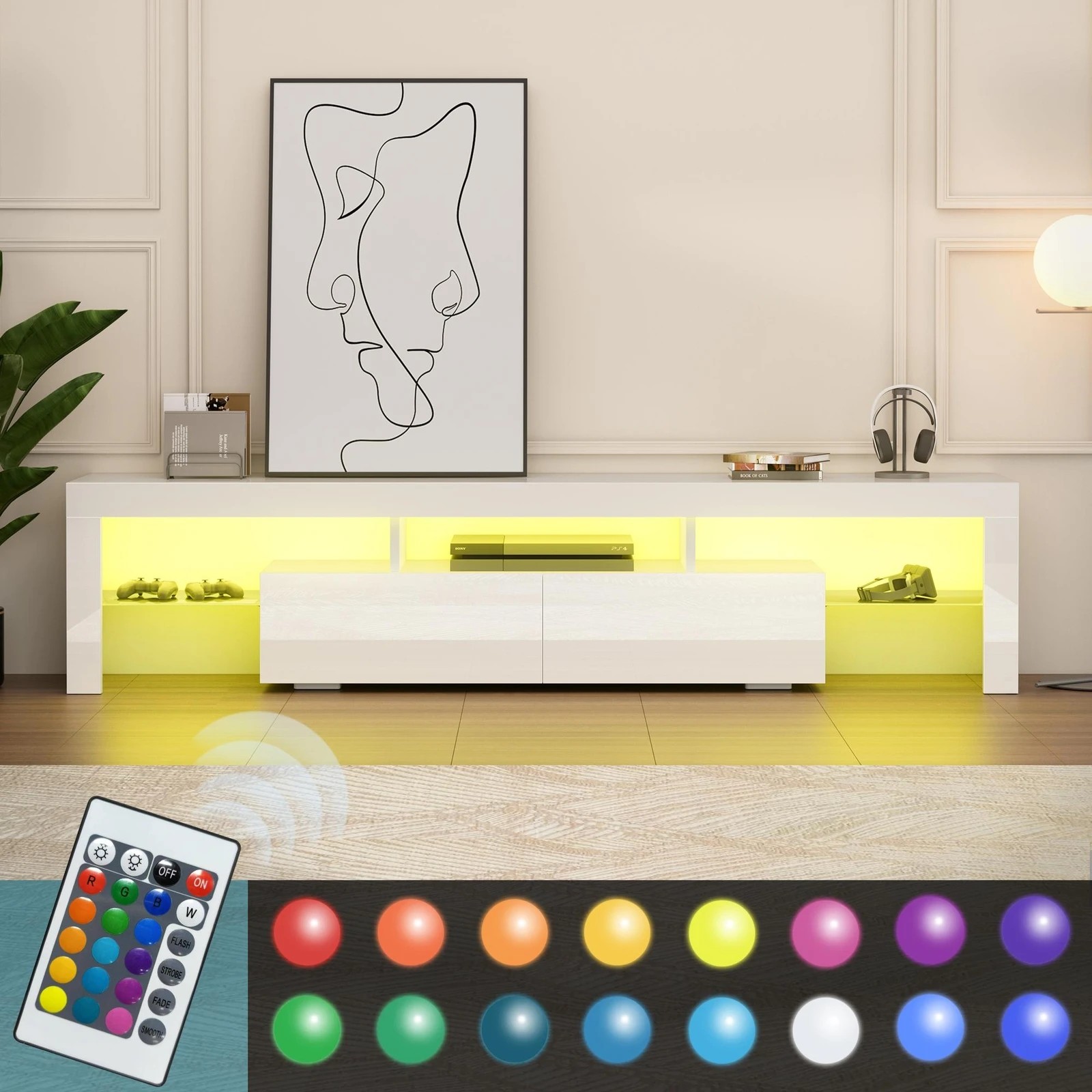 6 Alfordson Entertainment Unit 180cm TV Stand LED Light Storage Gloss - White, 6 of 10